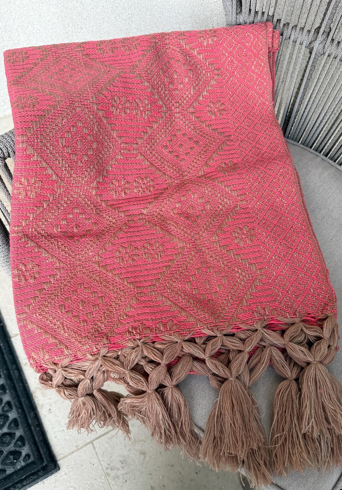 Mexican Rebozo with Pechera – Khaki | Pink | Shawl from Puebla | 80×28 in | CasaArtMex