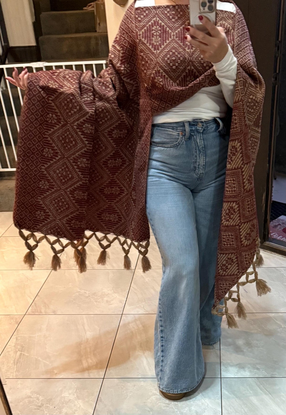 Mexican Rebozo with Pechera – Khaki | Burgundy | Wine | Shawl from Puebla | 80×28 in | CasaArtMex