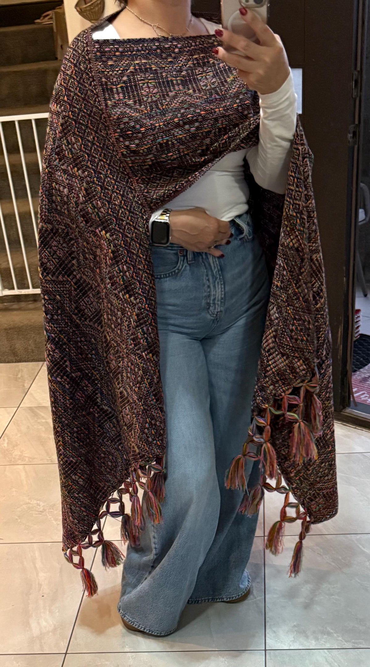 Mexican Rebozo with Pechera – Black | Multi | Shawl from Puebla | 80×28 in | CasaArtMex
