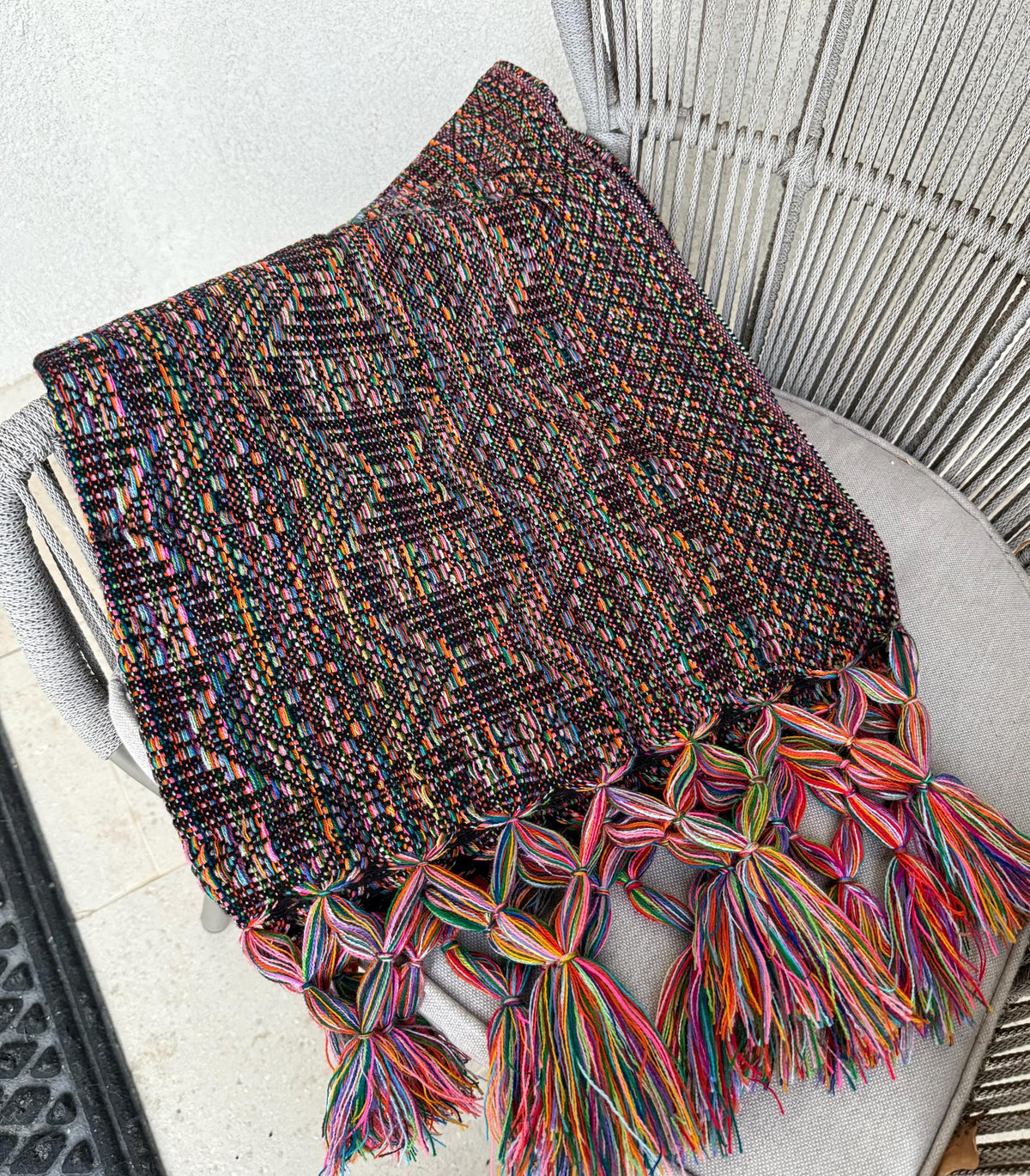 Mexican Rebozo with Pechera – Black | Multi | Shawl from Puebla | 80×28 in | CasaArtMex