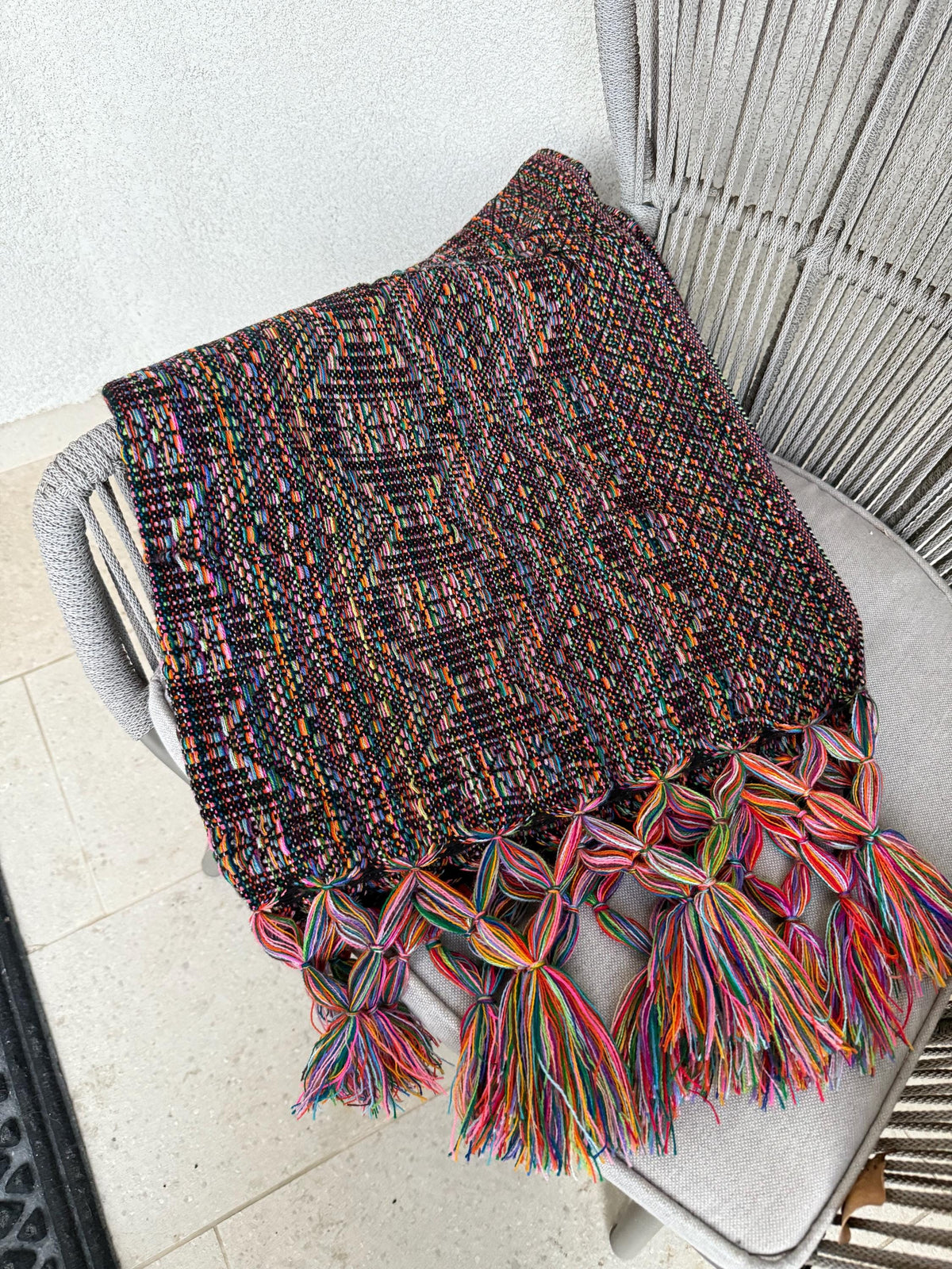 Mexican Rebozo with Pechera – Black | Multi | Shawl from Puebla | 80×28 in | CasaArtMex