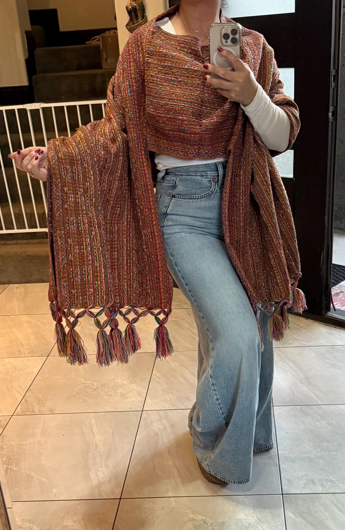 Mexican Rebozo with Pechera – Brown | Ginger | Multicolor Shawl from Puebla | 80×28 in | CasaArtMex