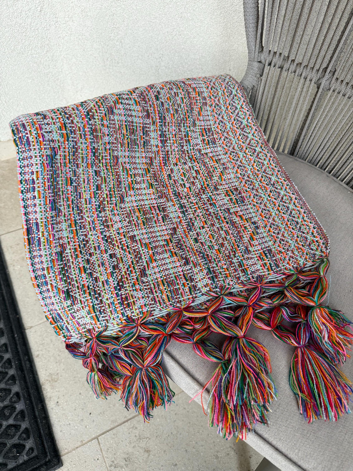 Mexican Rebozo with Pechera – Baby Blue | Multicolor Shawl from Puebla | 80×28 in | CasaArtMex