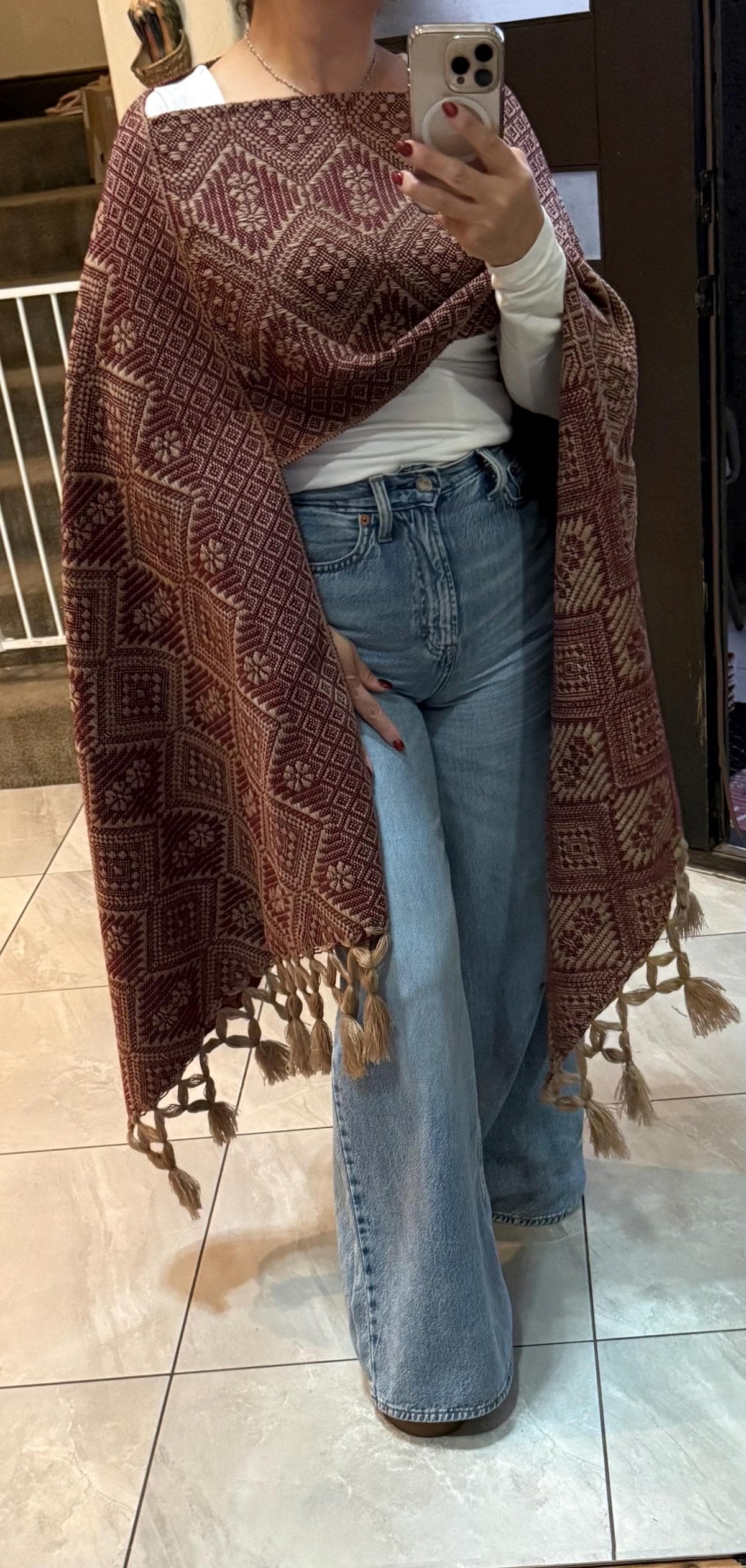 Mexican Rebozo with Pechera – Khaki | Burgundy | Wine | Shawl from Puebla | 80×28 in | CasaArtMex