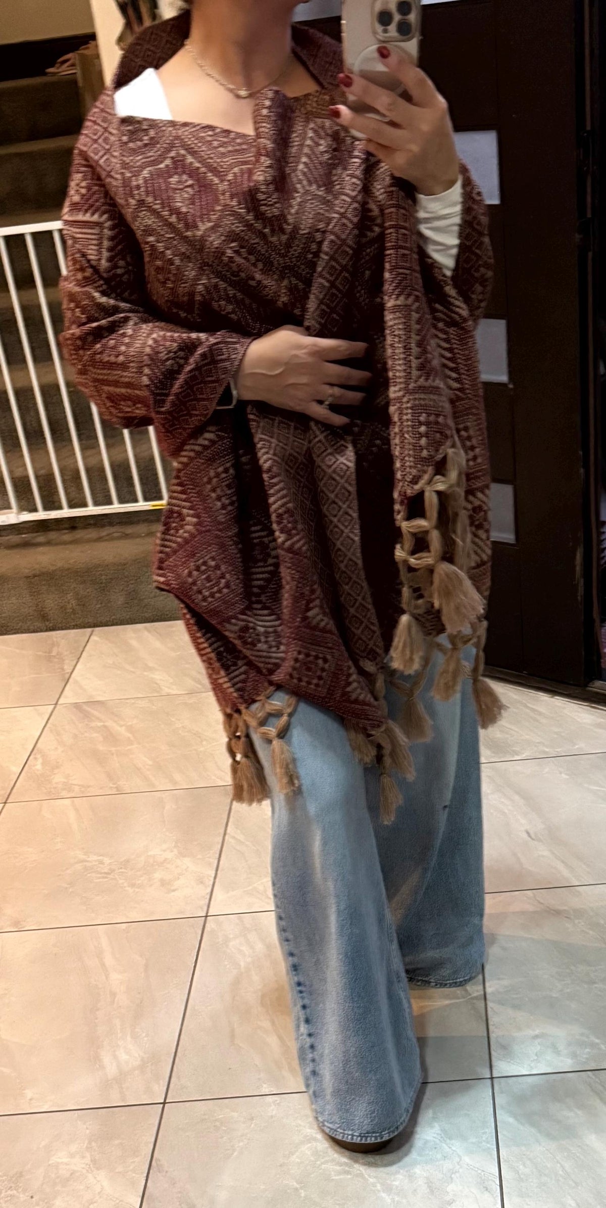 Mexican Rebozo with Pechera – Khaki | Burgundy | Wine | Shawl from Puebla | 80×28 in | CasaArtMex