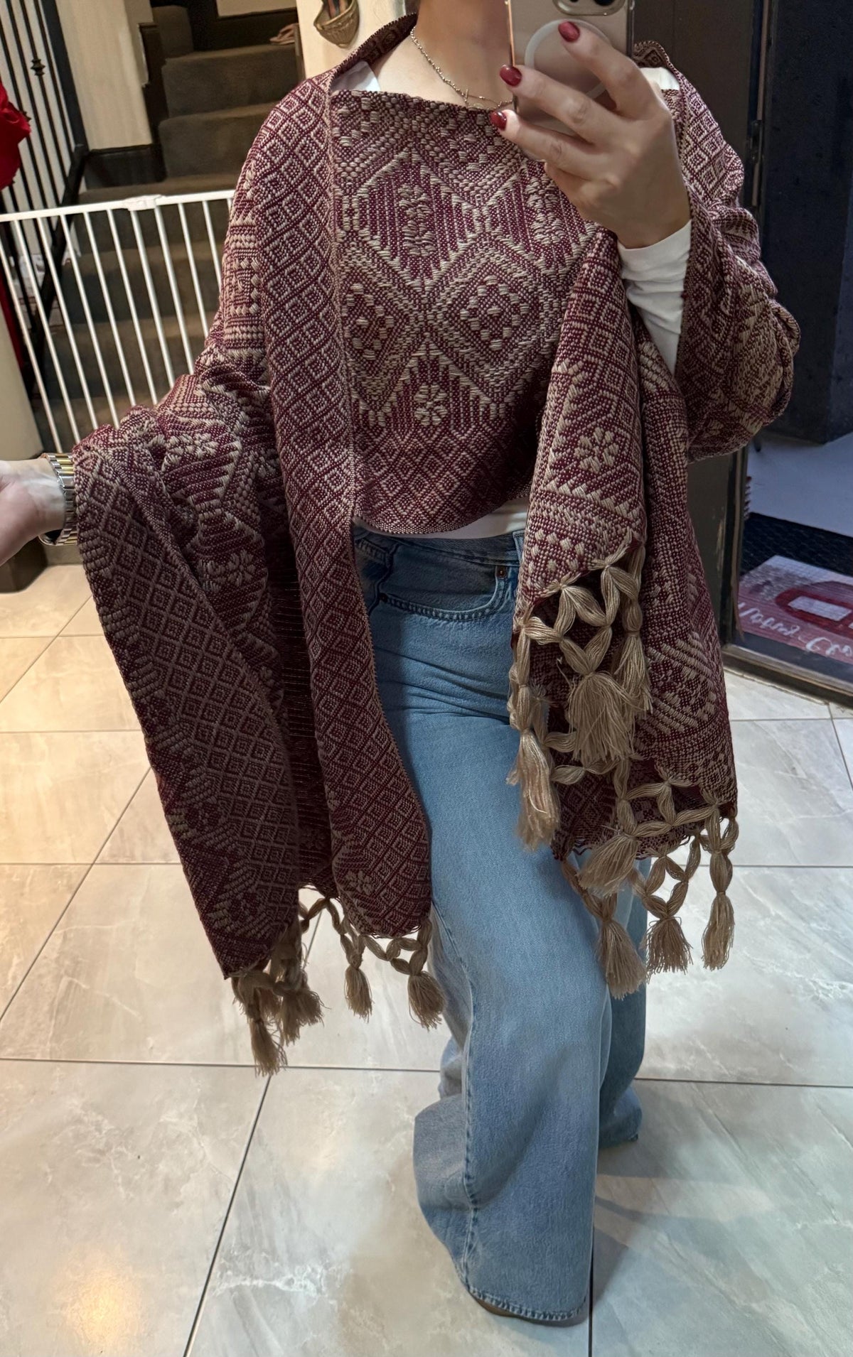 Mexican Rebozo with Pechera – Khaki | Burgundy | Wine | Shawl from Puebla | 80×28 in | CasaArtMex