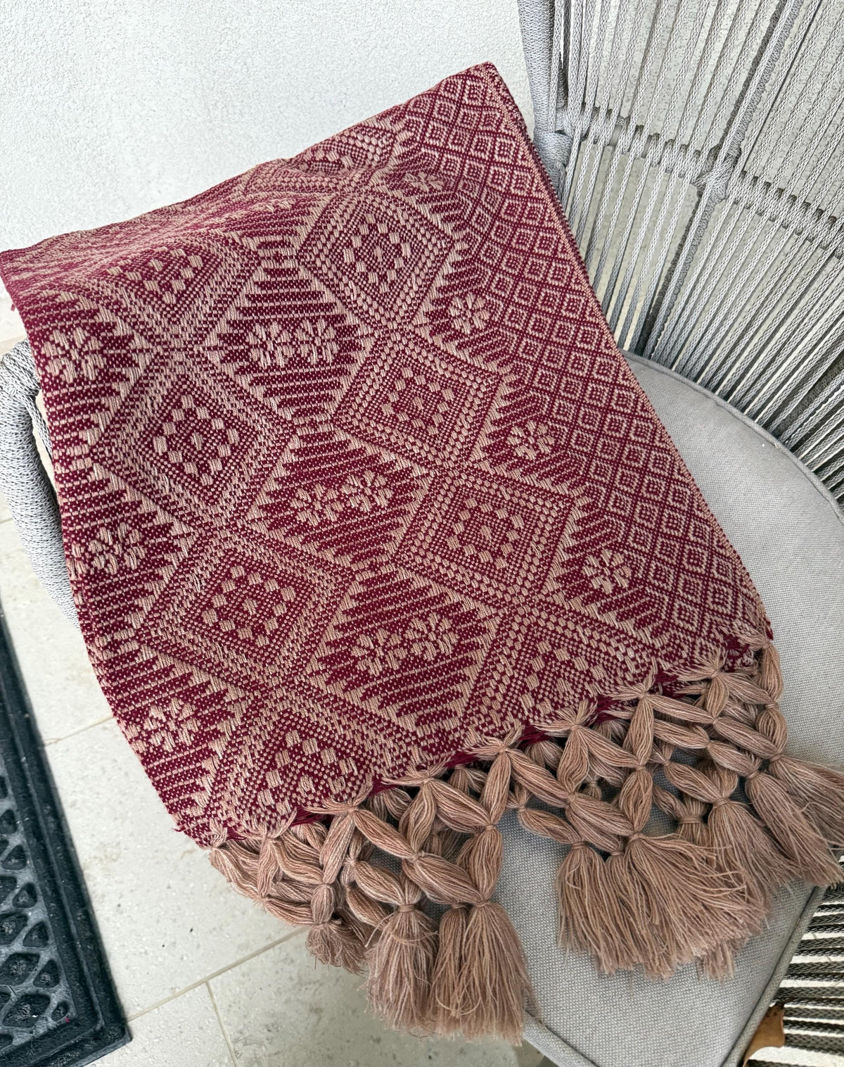 Mexican Rebozo with Pechera – Khaki | Burgundy | Wine | Shawl from Puebla | 80×28 in | CasaArtMex