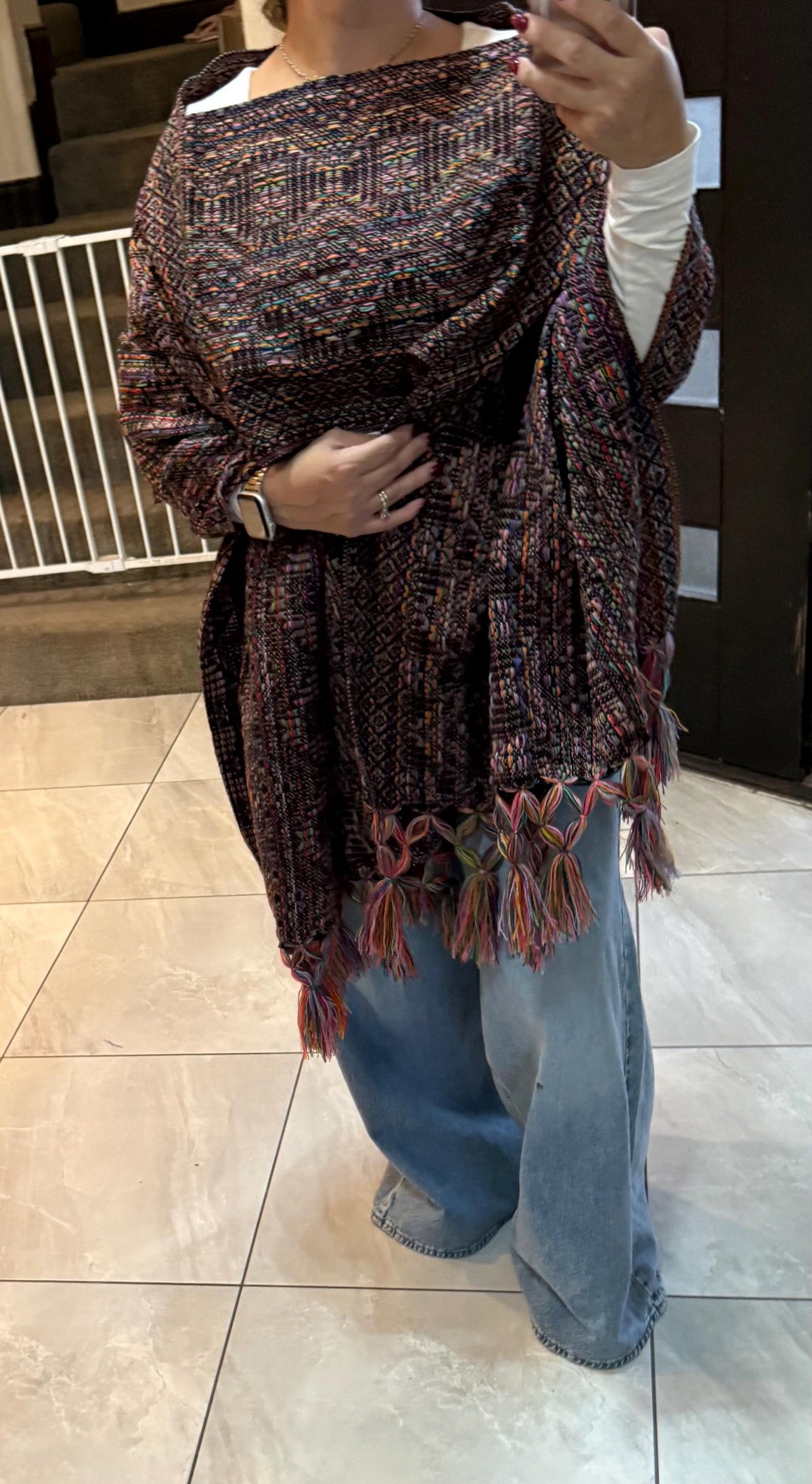 Mexican Rebozo with Pechera – Black | Multi | Shawl from Puebla | 80×28 in | CasaArtMex