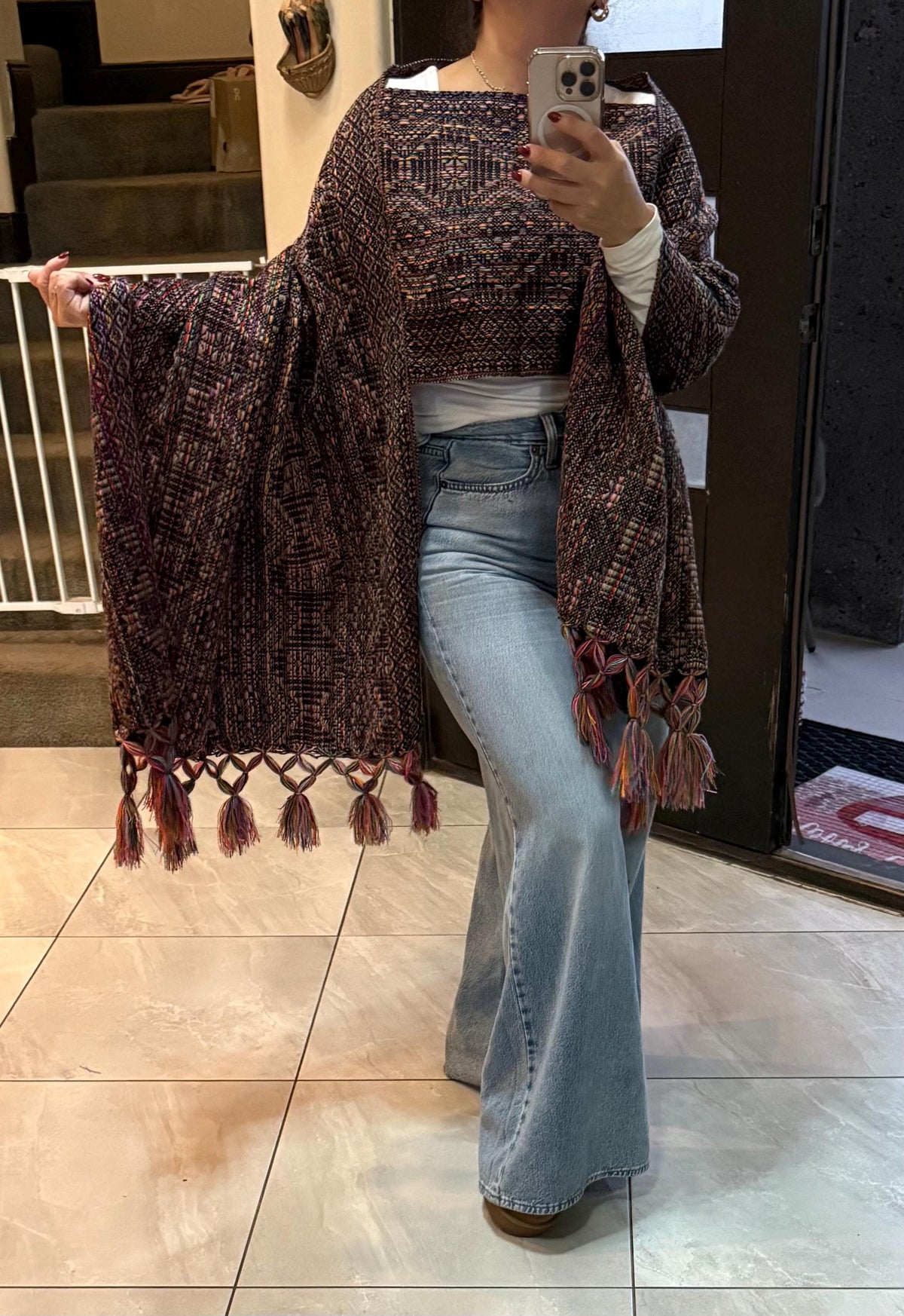 Mexican Rebozo with Pechera – Black | Multi | Shawl from Puebla | 80×28 in | CasaArtMex