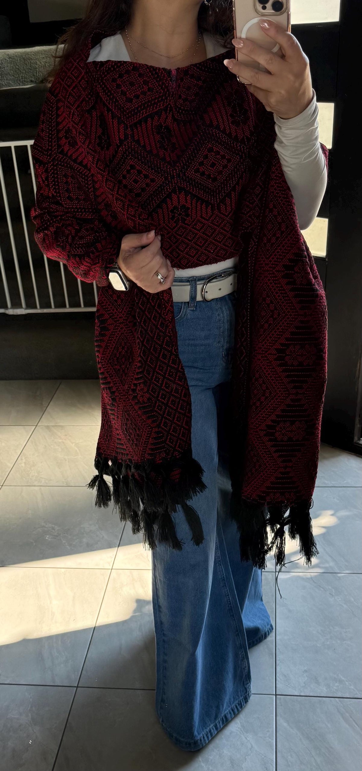 Mexican Rebozo with Pechera – Black | Red | Shawl from Puebla | 80×28 in | CasaArtMex