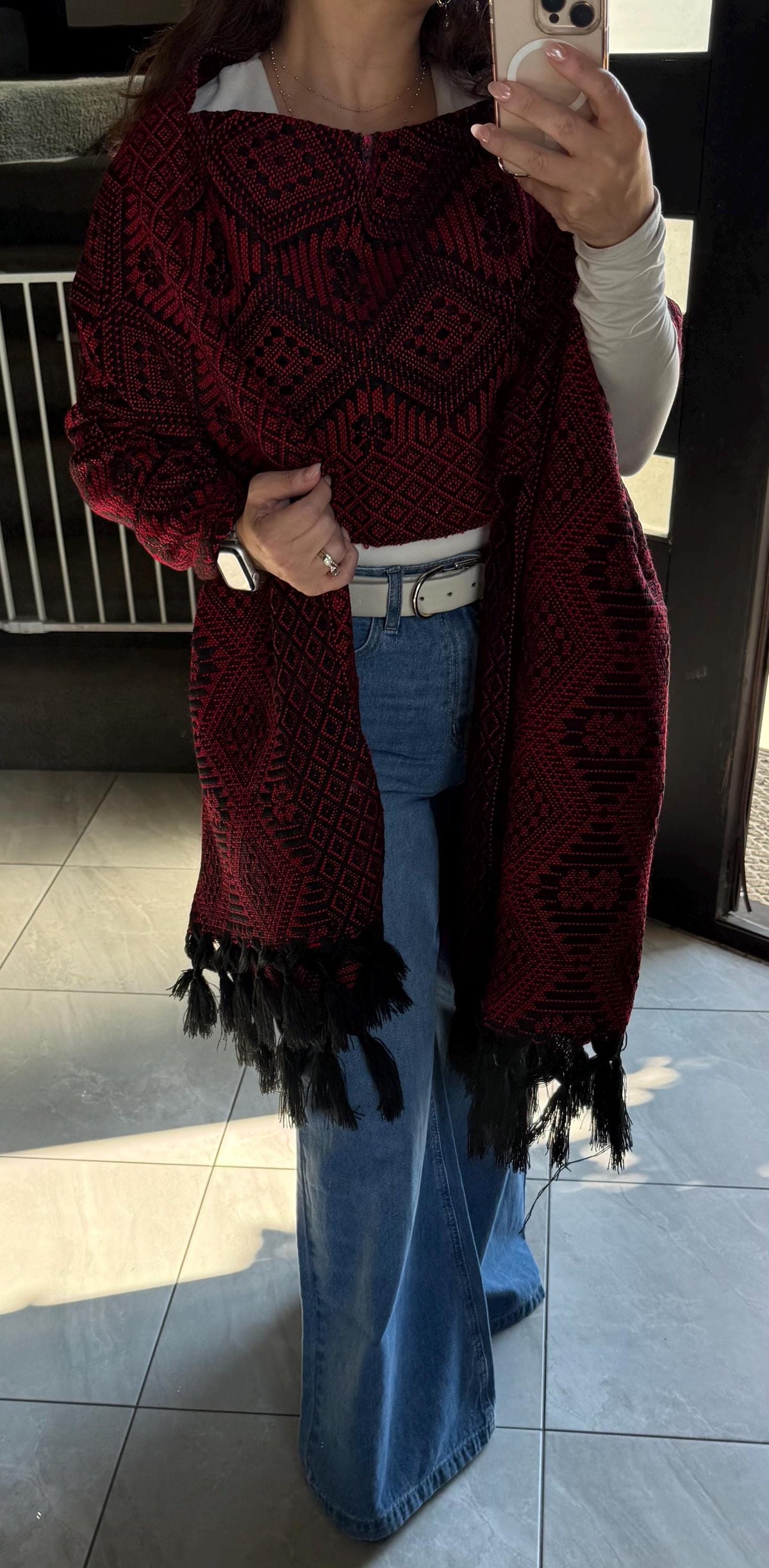 Mexican Rebozo with Pechera – Black | Red | Shawl from Puebla | 80×28 in | CasaArtMex