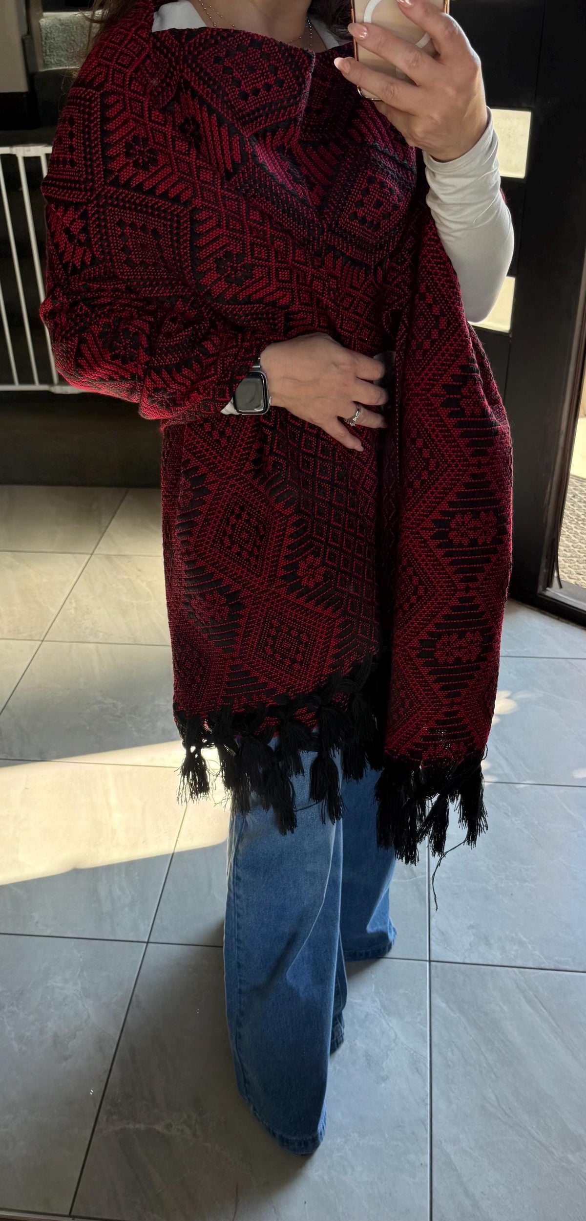 Mexican Rebozo with Pechera – Black | Red | Shawl from Puebla | 80×28 in | CasaArtMex