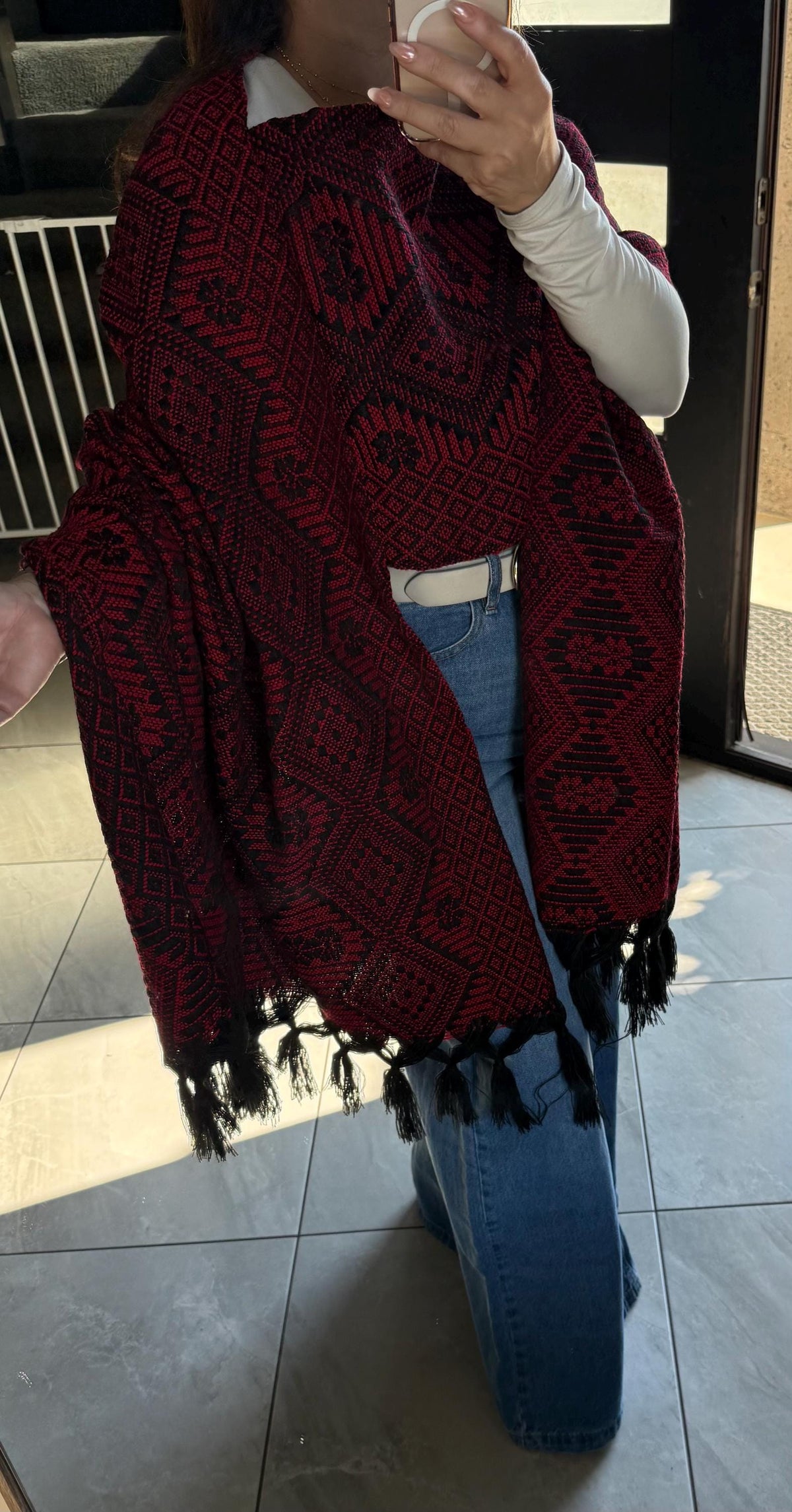 Mexican Rebozo with Pechera – Black | Red | Shawl from Puebla | 80×28 in | CasaArtMex