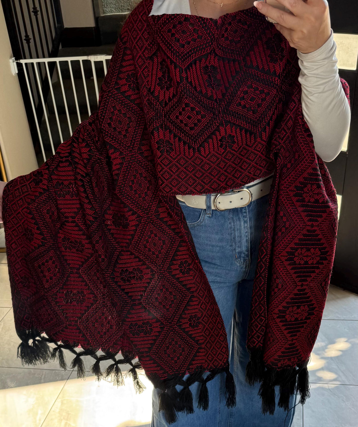 Mexican Rebozo with Pechera – Black | Red | Shawl from Puebla | 80×28 in | CasaArtMex