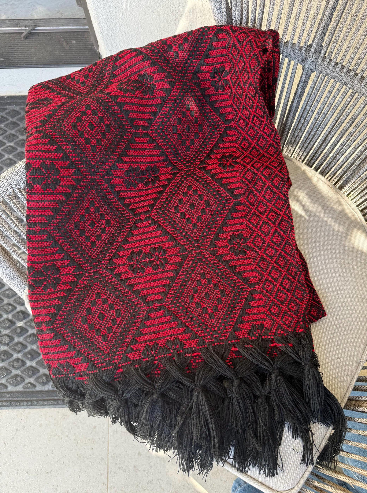 Mexican Rebozo with Pechera – Black | Red | Shawl from Puebla | 80×28 in | CasaArtMex