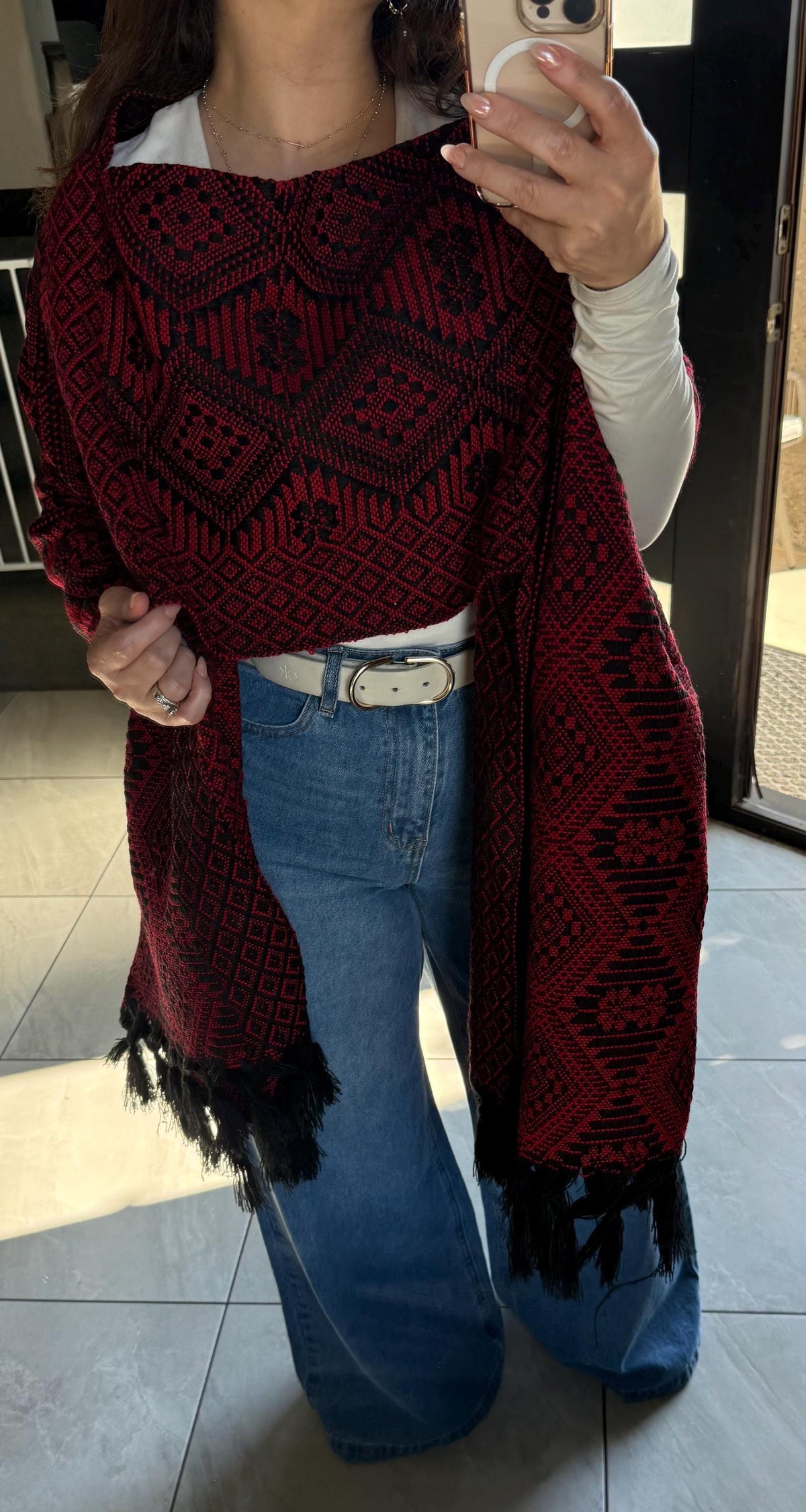 Mexican Rebozo with Pechera – Black | Red | Shawl from Puebla | 80×28 in | CasaArtMex