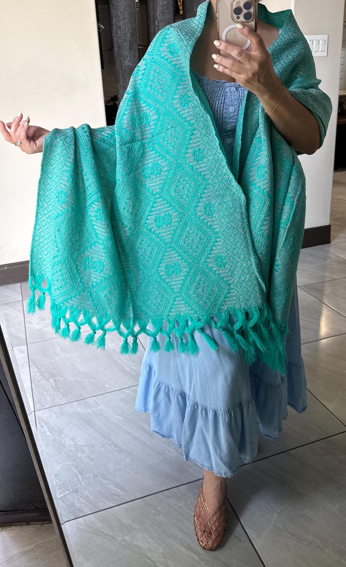 Mexican Rebozo – Turquoise | Gray Shawl from Puebla | 80×28 in | CasaArtMex