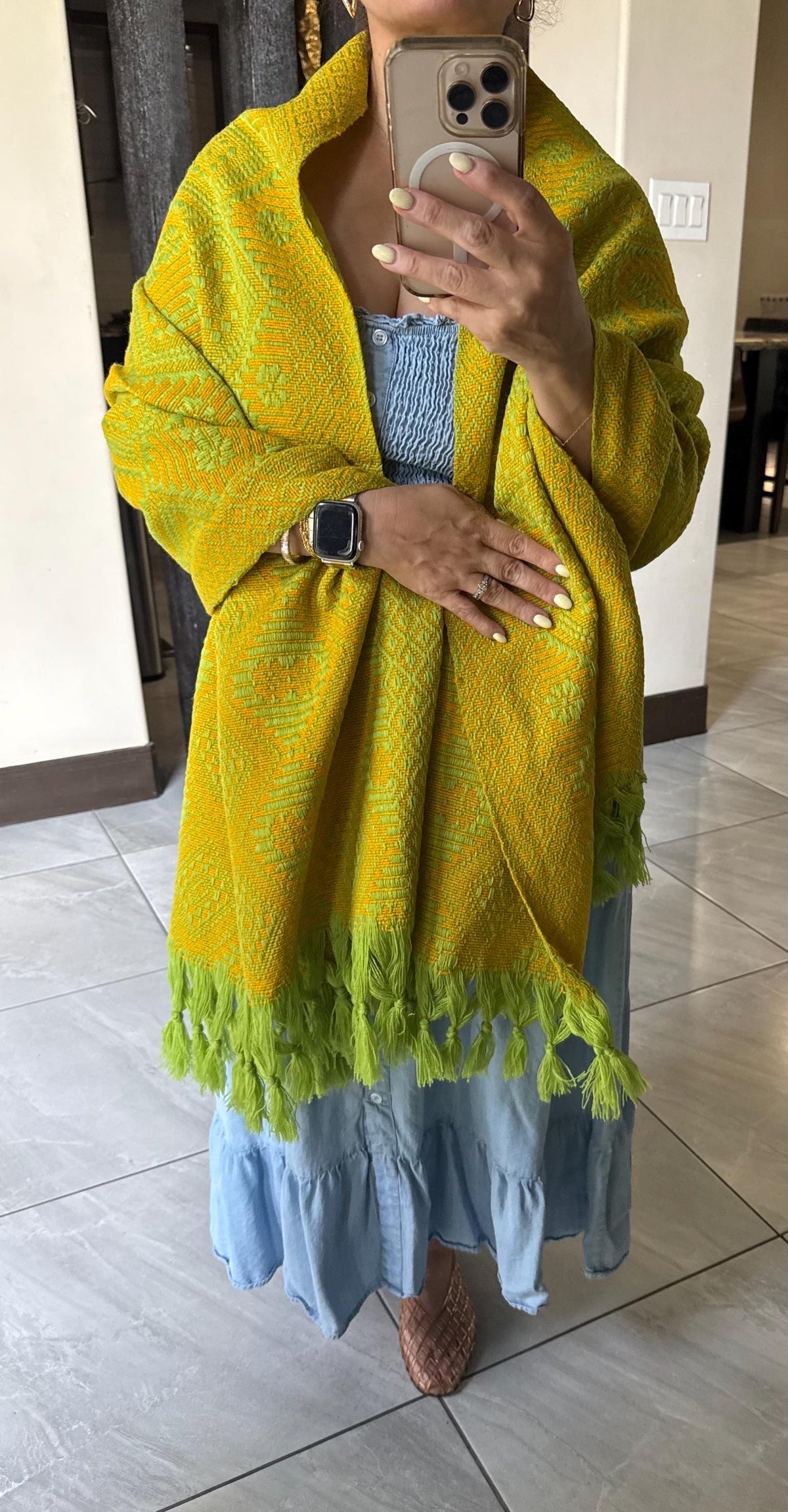 Mexican Rebozo – Lime Green | Yellow Shawl from Puebla | 80×28 in | CasaArtMex