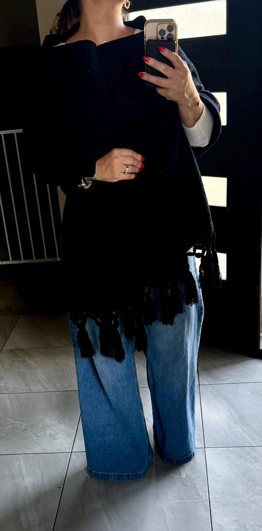 Mexican Rebozo with Pechera – Black Shawl from Puebla | 80×28 in | CasaArtMex