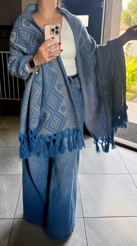 Mexican Rebozo – Baby Blue | Ivory Shawl from Puebla | 80×28 in | CasaArtMex