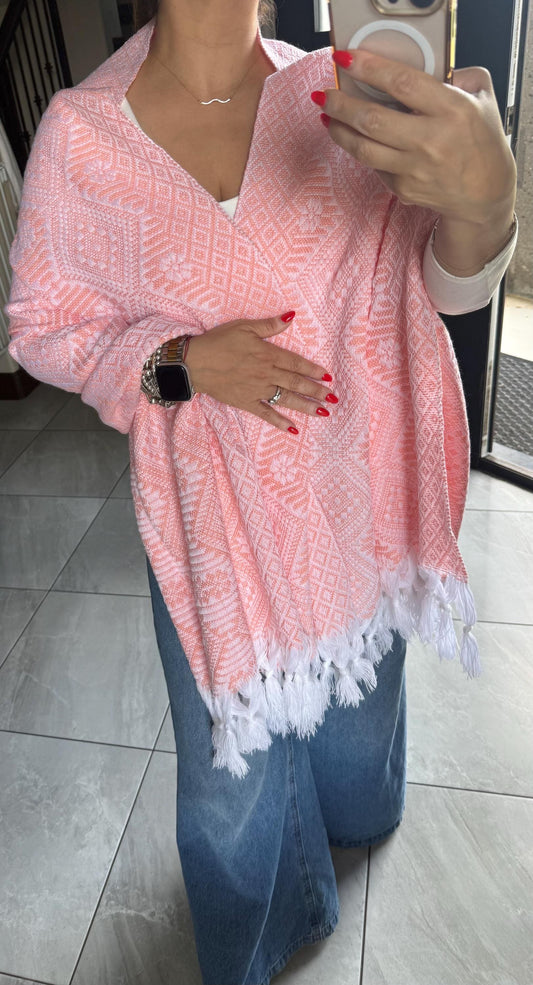 Mexican Rebozo – White | Peach Shawl from Puebla | 80×28 in | CasaArtMex
