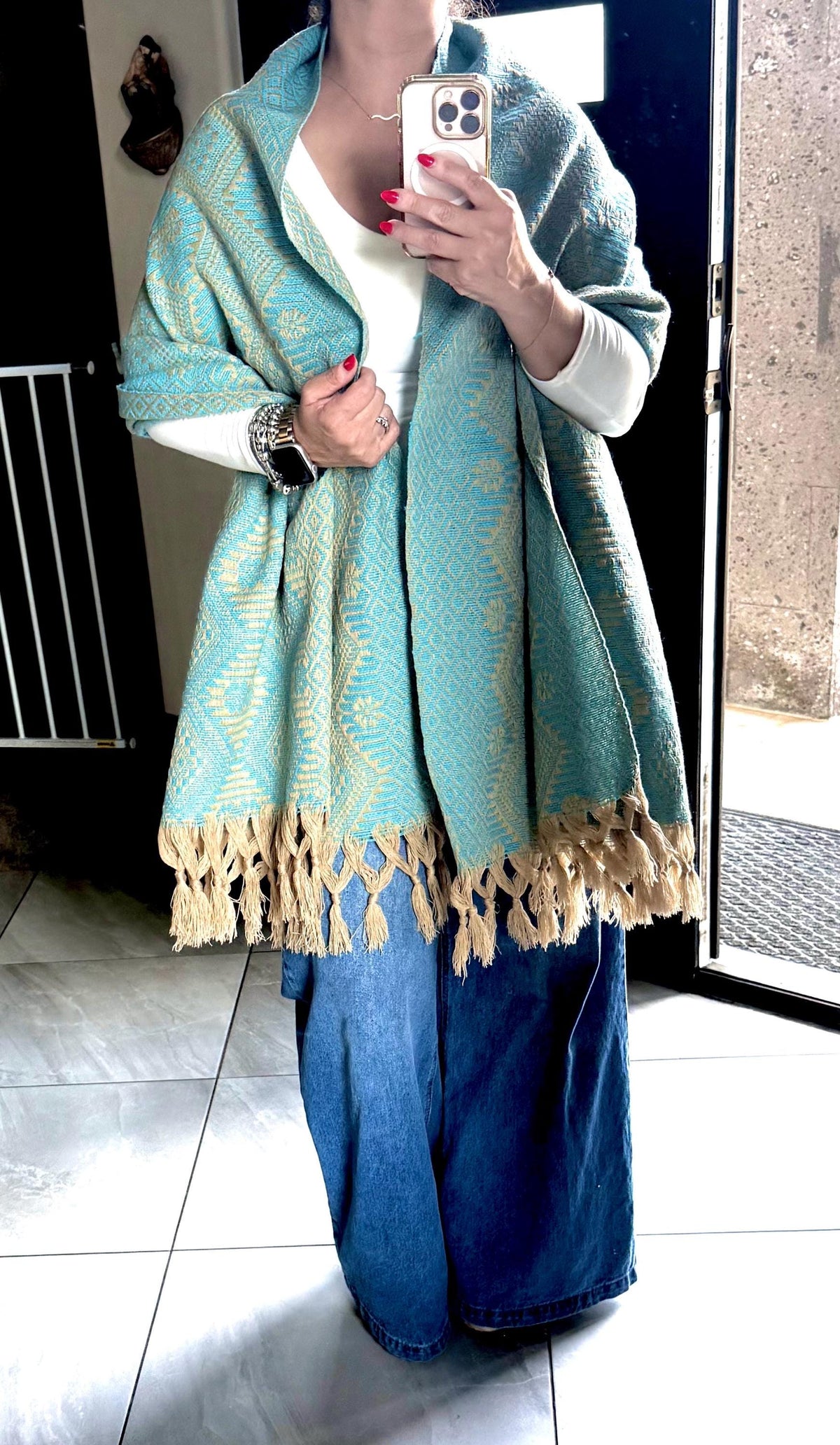 Mexican Rebozo – Khaki | Turquoise Shawl from Puebla | 80×28 in | CasaArtMex