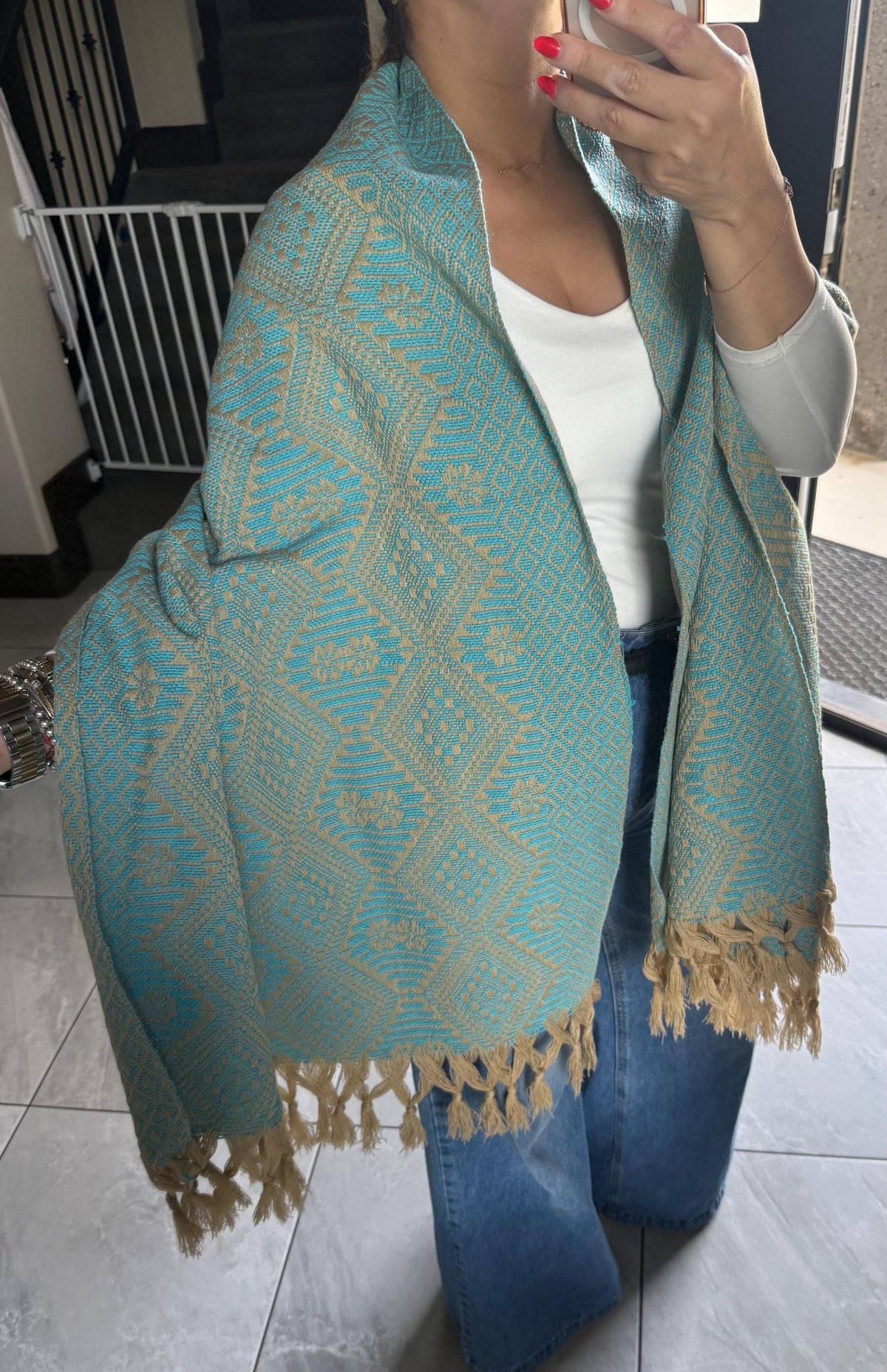 Mexican Rebozo – Khaki | Turquoise Shawl from Puebla | 80×28 in | CasaArtMex