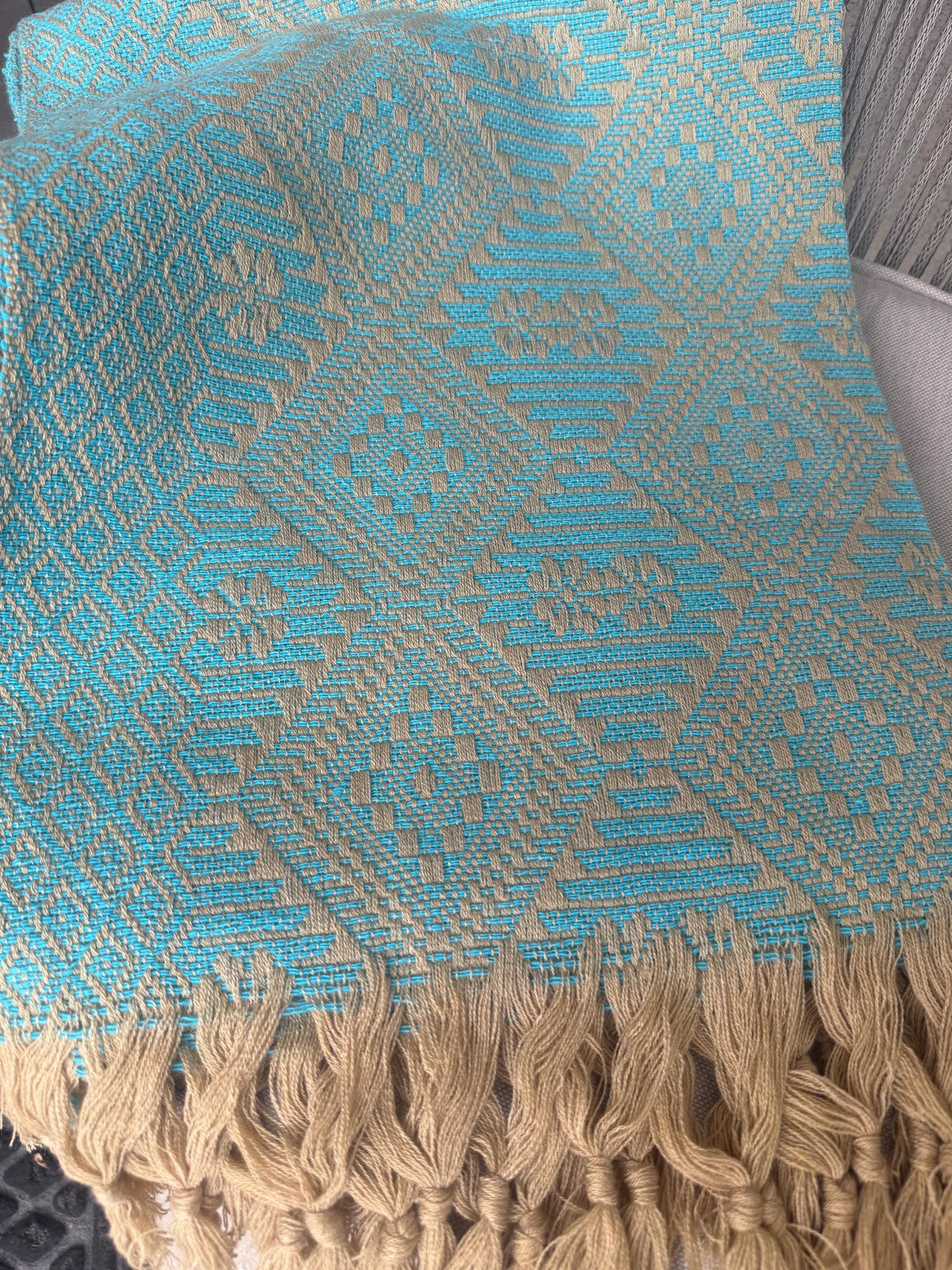 Mexican Rebozo – Khaki | Turquoise Shawl from Puebla | 80×28 in | CasaArtMex