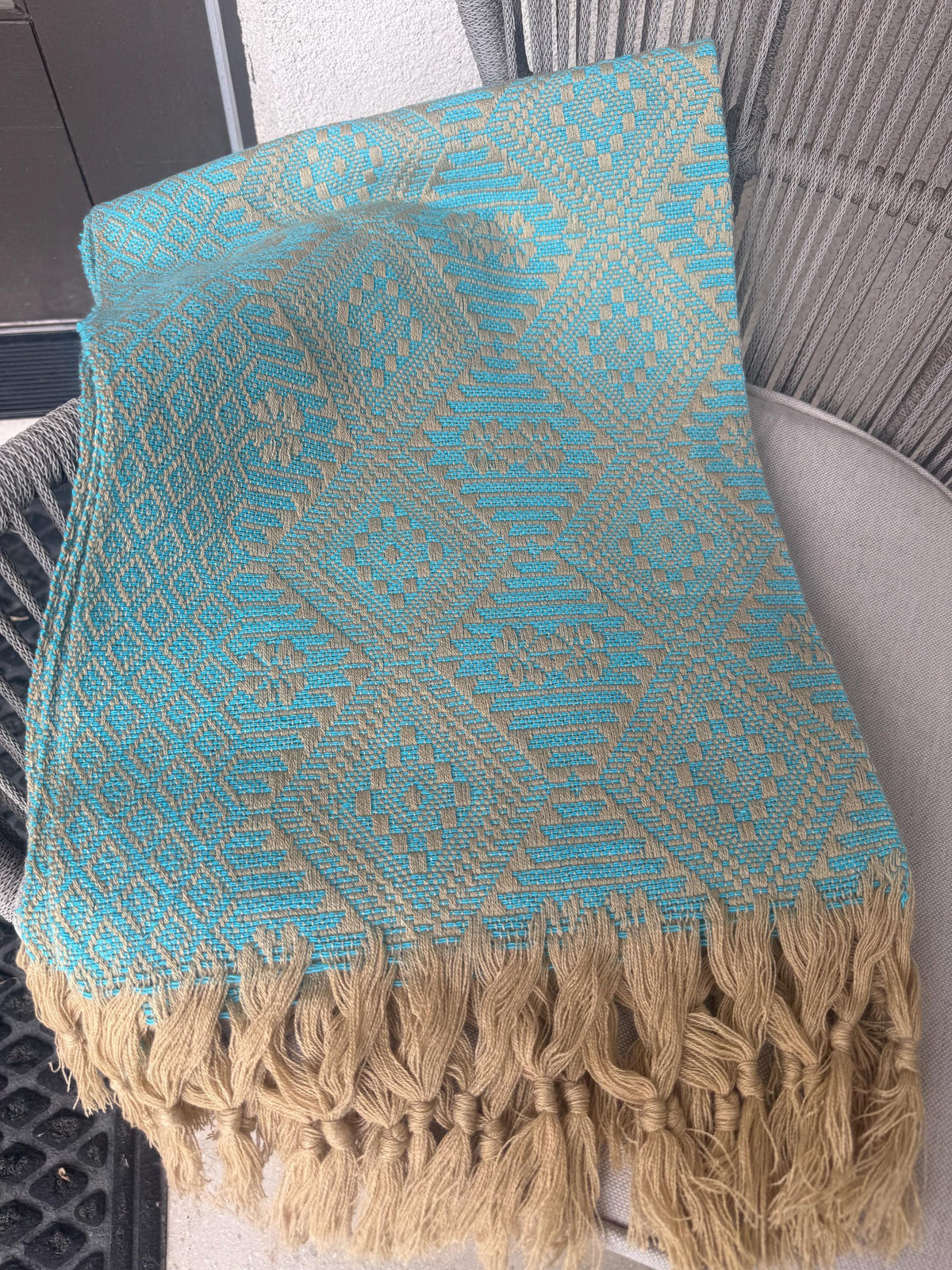 Mexican Rebozo – Khaki | Turquoise Shawl from Puebla | 80×28 in | CasaArtMex