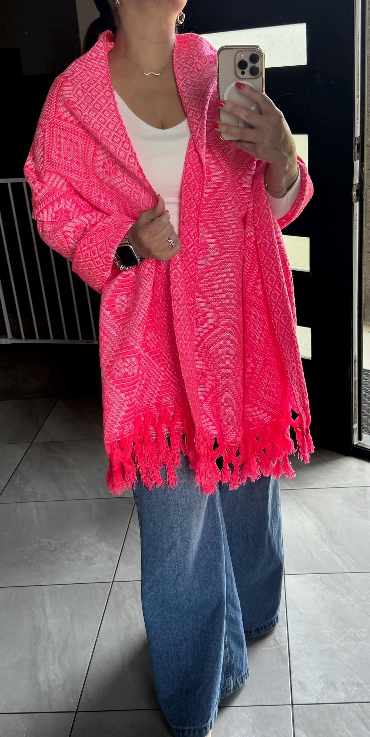 Mexican Rebozo – Hot Pink | White Shawl from Puebla | 80×28 in | CasaArtMex
