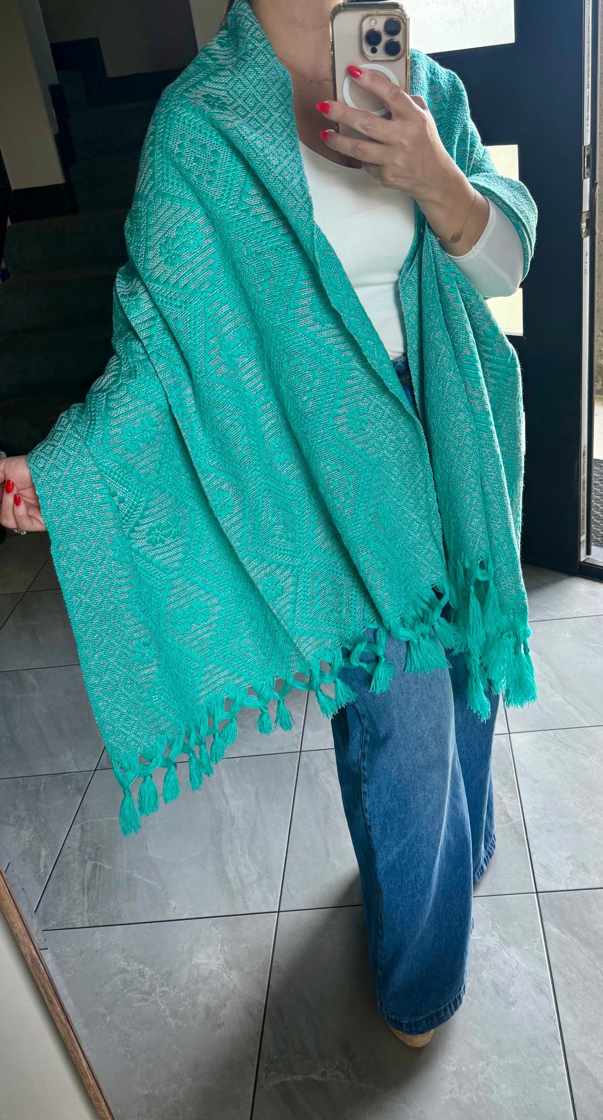 Mexican Rebozo – Turquoise | Gray Shawl from Puebla | 80×28 in | CasaArtMex