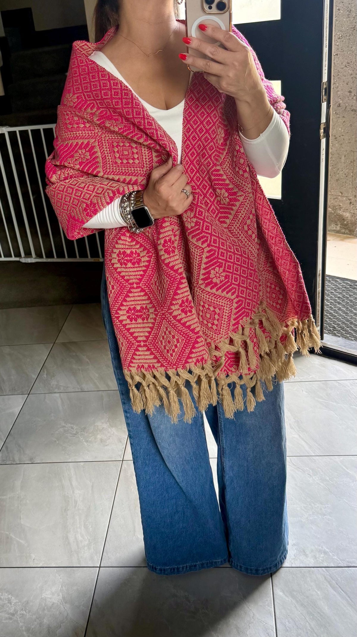 Mexican Rebozo – Khaki | Pink Shawl from Puebla | 80×28 in | CasaArtMex