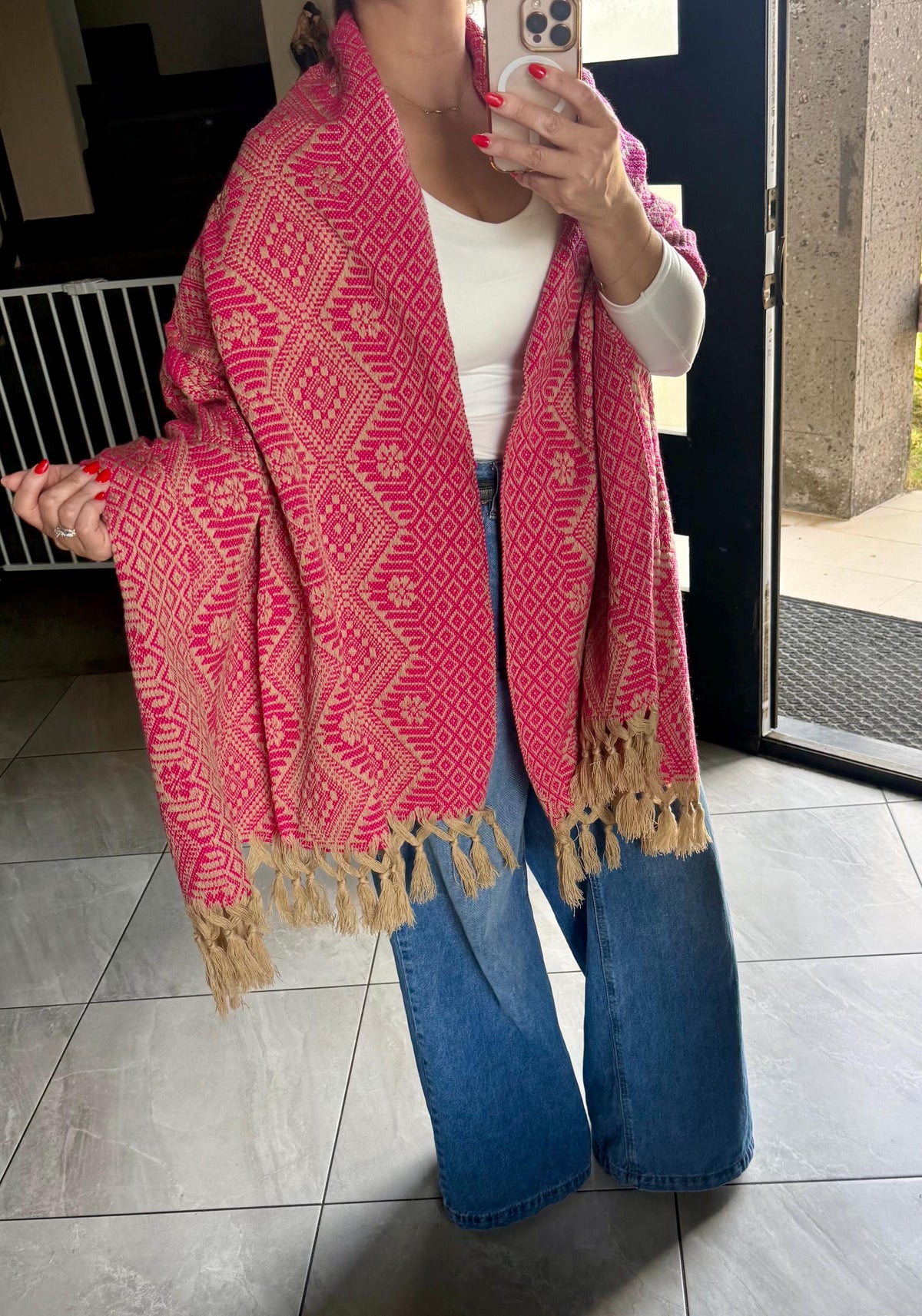 Mexican Rebozo – Khaki | Pink Shawl from Puebla | 80×28 in | CasaArtMex