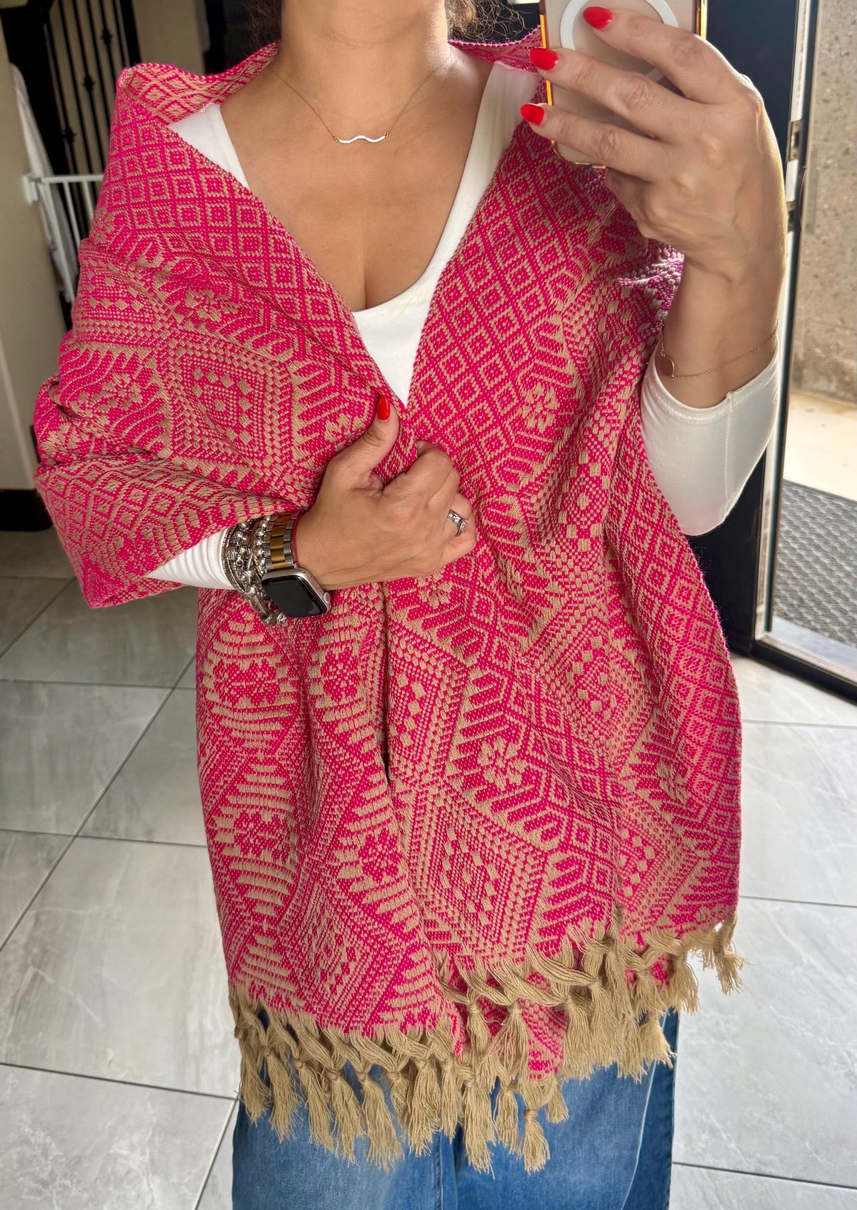 Mexican Rebozo – Khaki | Pink Shawl from Puebla | 80×28 in | CasaArtMex