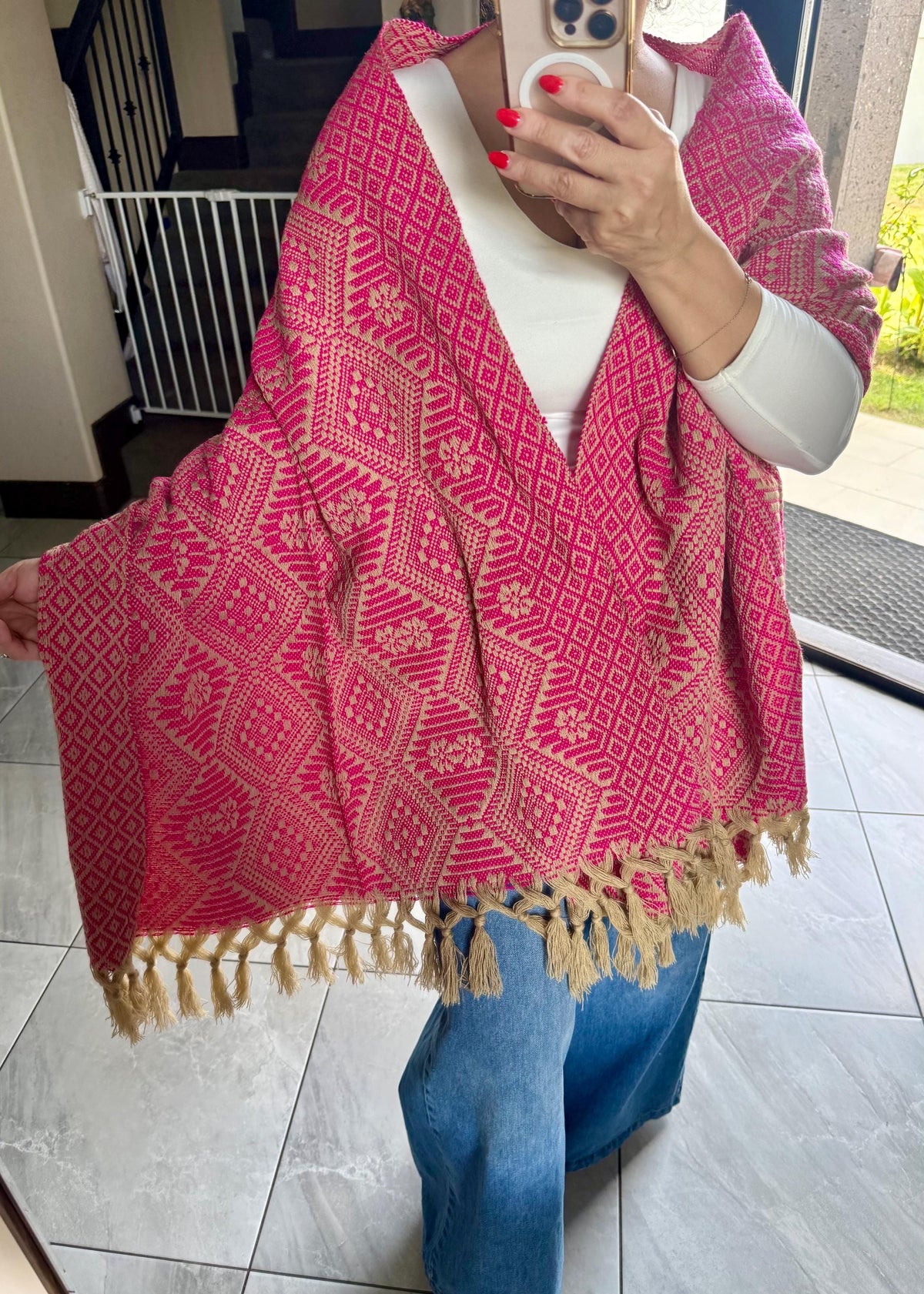 Mexican Rebozo – Khaki | Pink Shawl from Puebla | 80×28 in | CasaArtMex