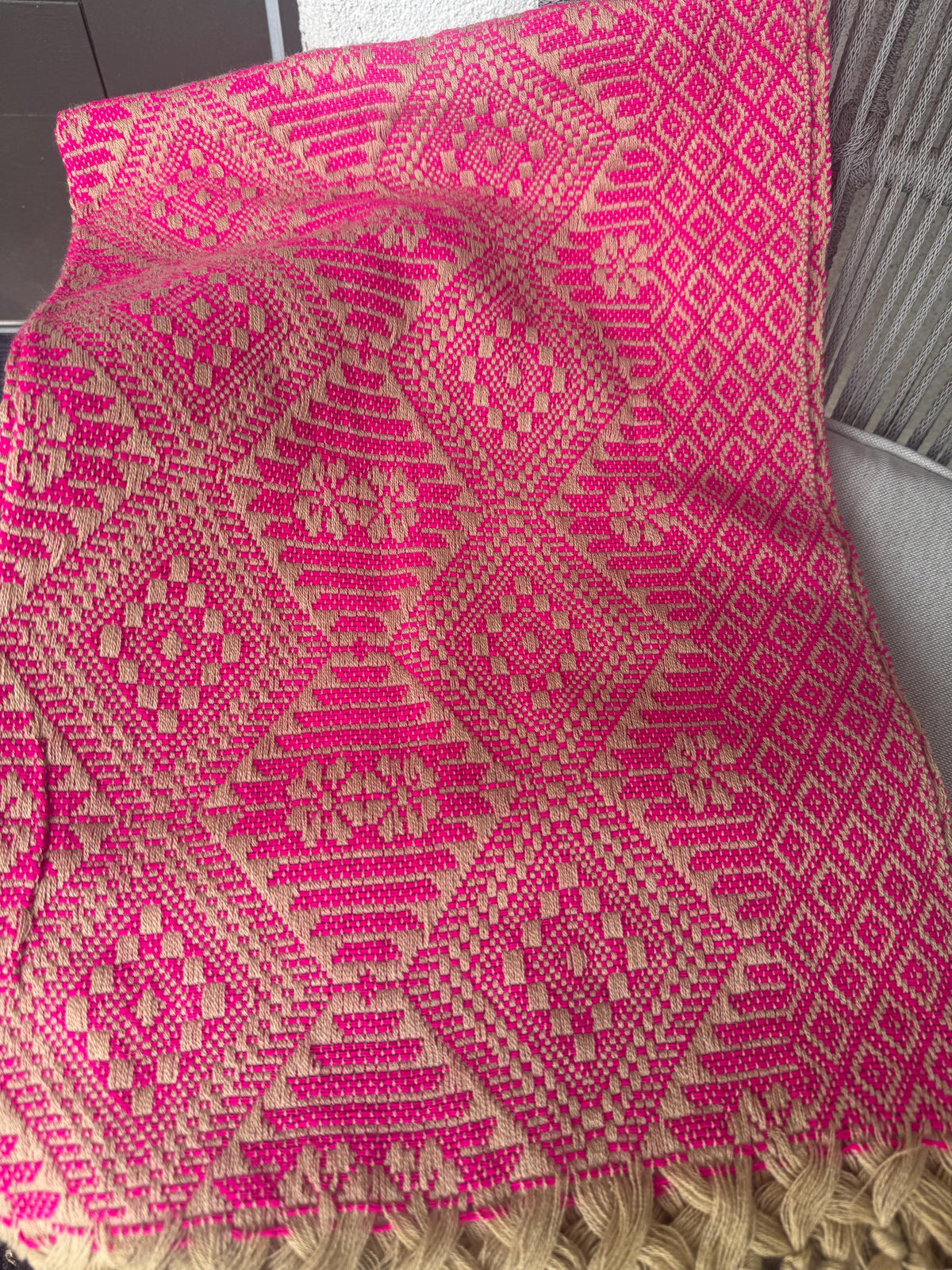 Mexican Rebozo – Khaki | Pink Shawl from Puebla | 80×28 in | CasaArtMex