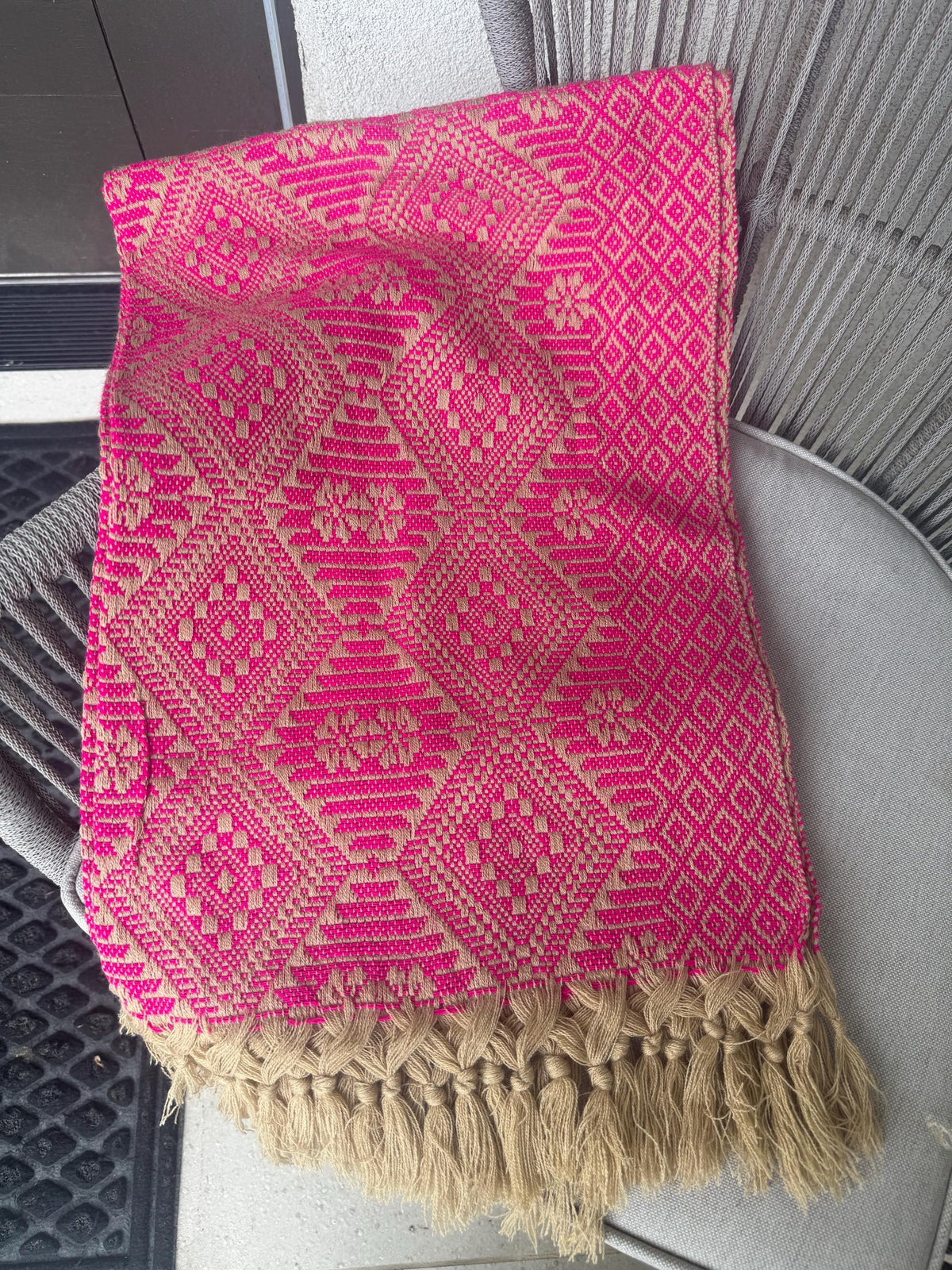 Mexican Rebozo – Khaki | Pink Shawl from Puebla | 80×28 in | CasaArtMex