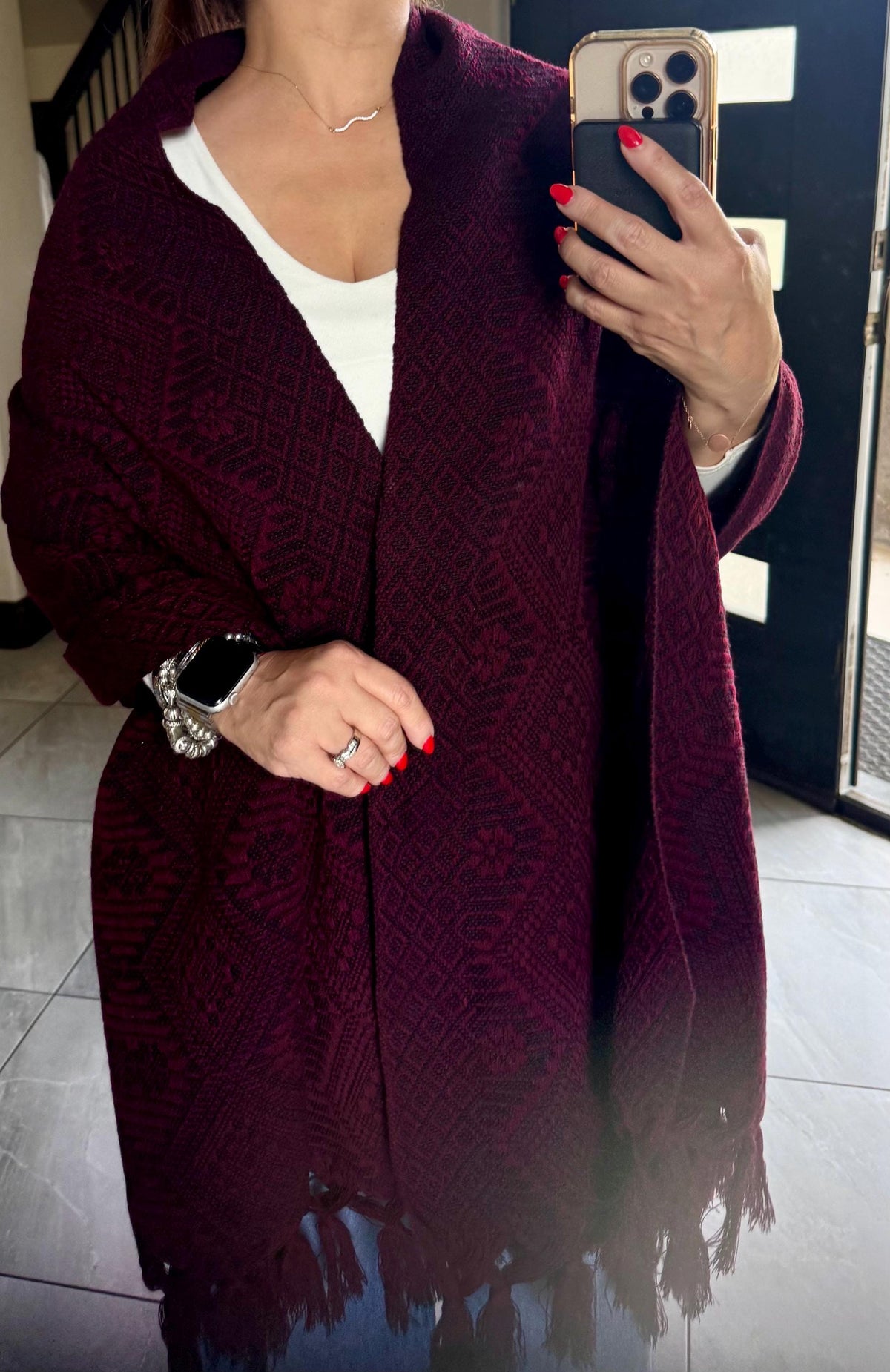 Mexican Rebozo – Burgundy | Wine | Maroon | Black Shawl from Puebla | 80×28 in | CasaArtMex