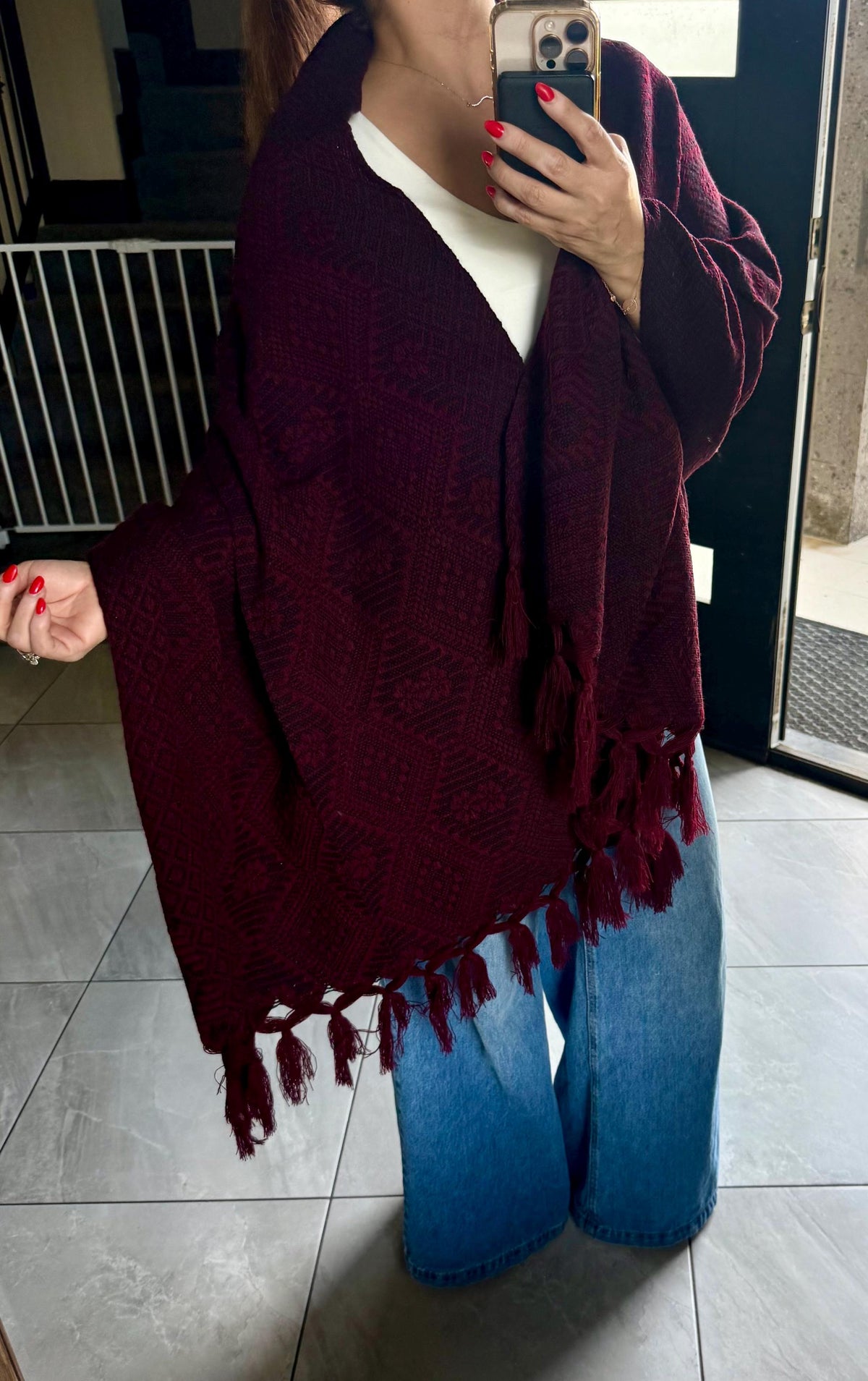 Mexican Rebozo – Burgundy | Wine | Maroon | Black Shawl from Puebla | 80×28 in | CasaArtMex