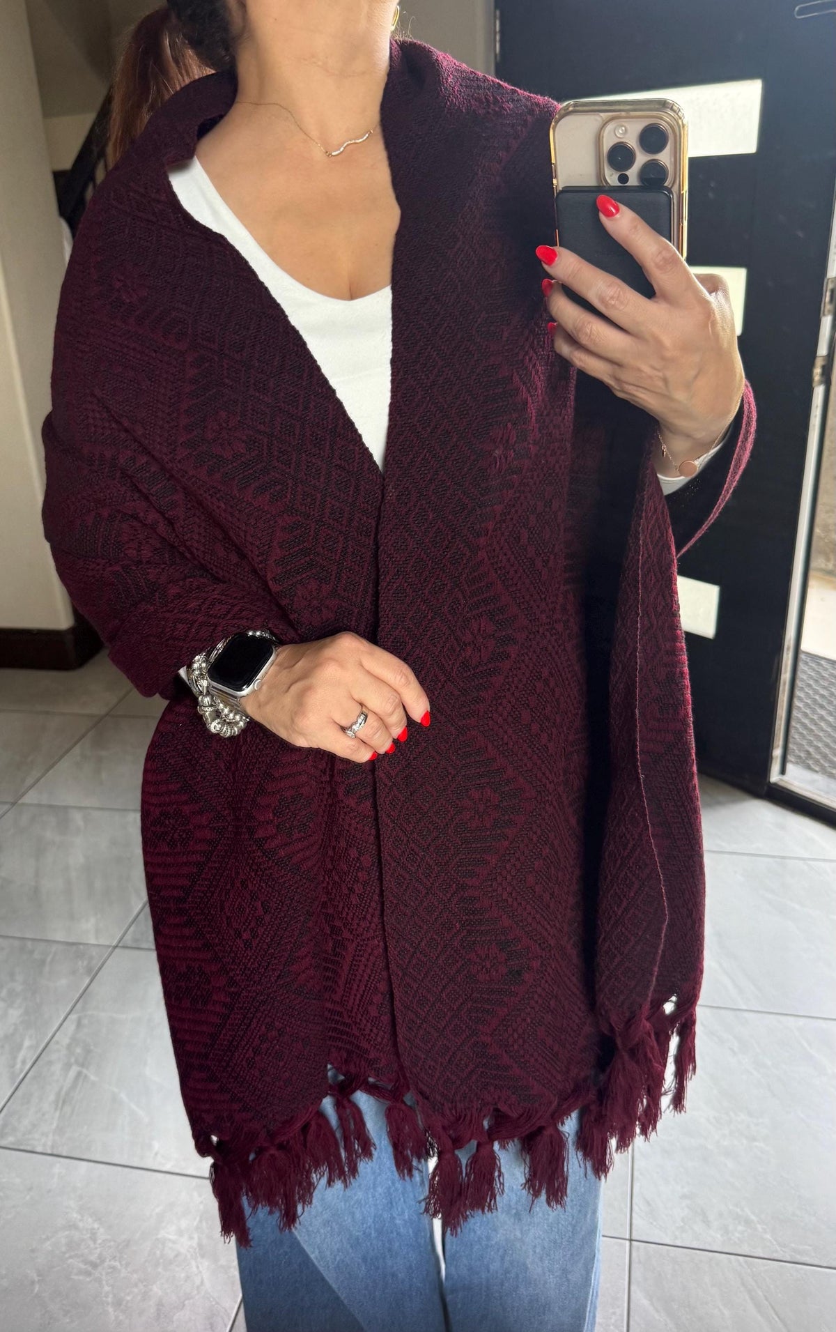 Mexican Rebozo – Burgundy | Wine | Maroon | Black Shawl from Puebla | 80×28 in | CasaArtMex