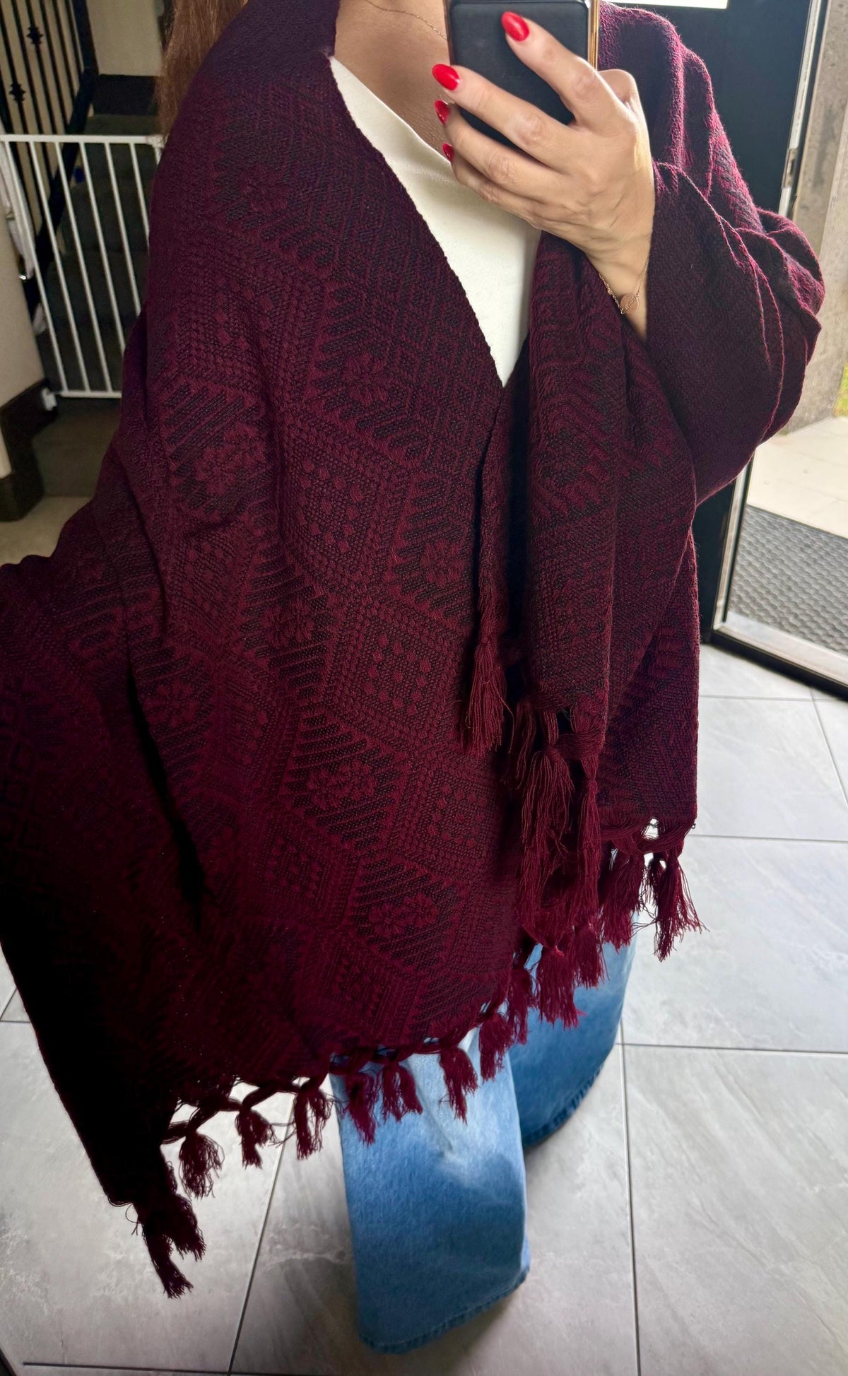 Mexican Rebozo – Burgundy | Wine | Maroon | Black Shawl from Puebla | 80×28 in | CasaArtMex