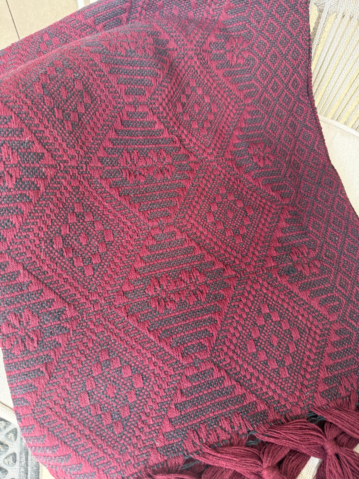 Mexican Rebozo – Burgundy | Wine | Maroon | Black Shawl from Puebla | 80×28 in | CasaArtMex