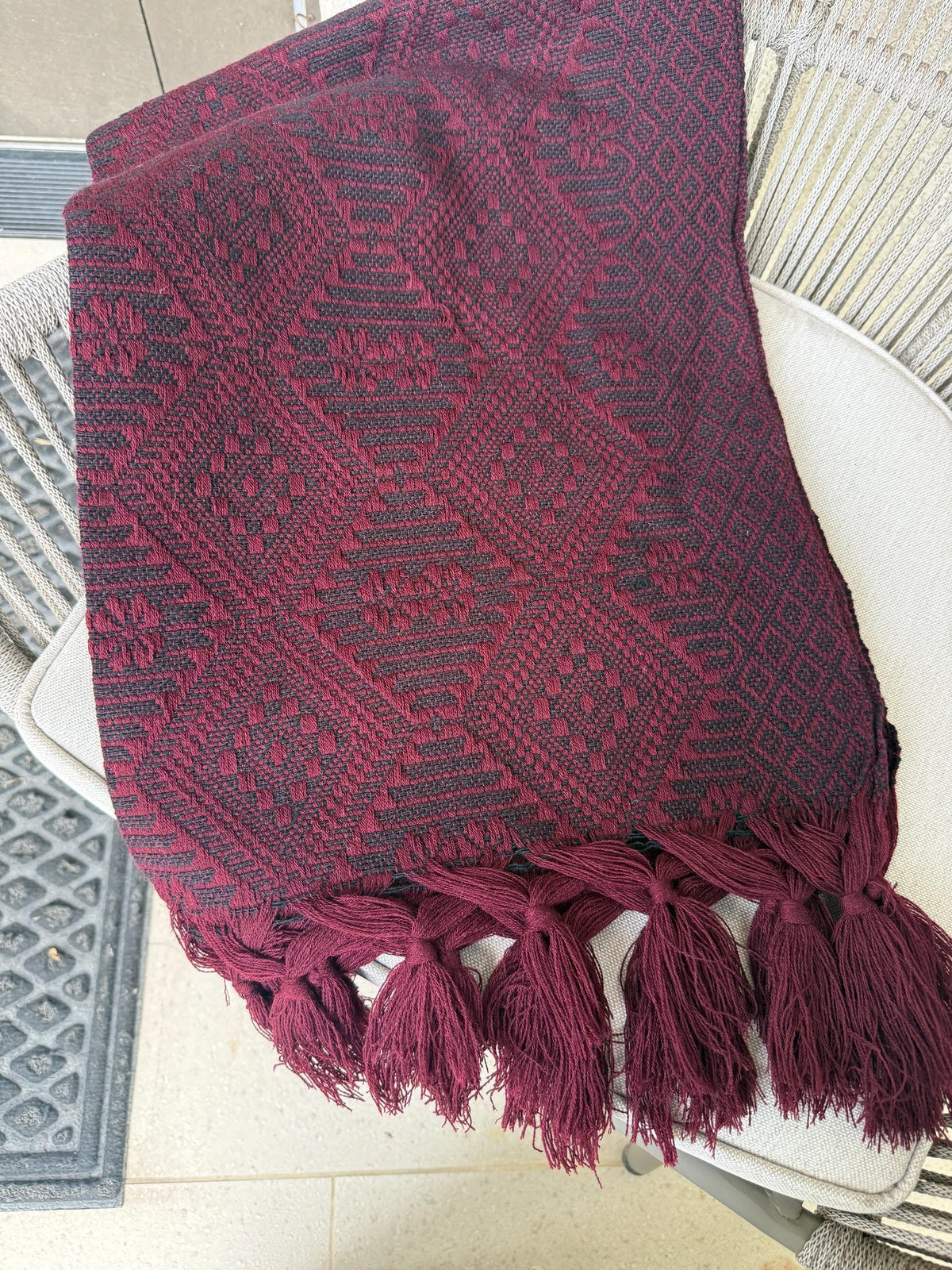 Mexican Rebozo – Burgundy | Wine | Maroon | Black Shawl from Puebla | 80×28 in | CasaArtMex