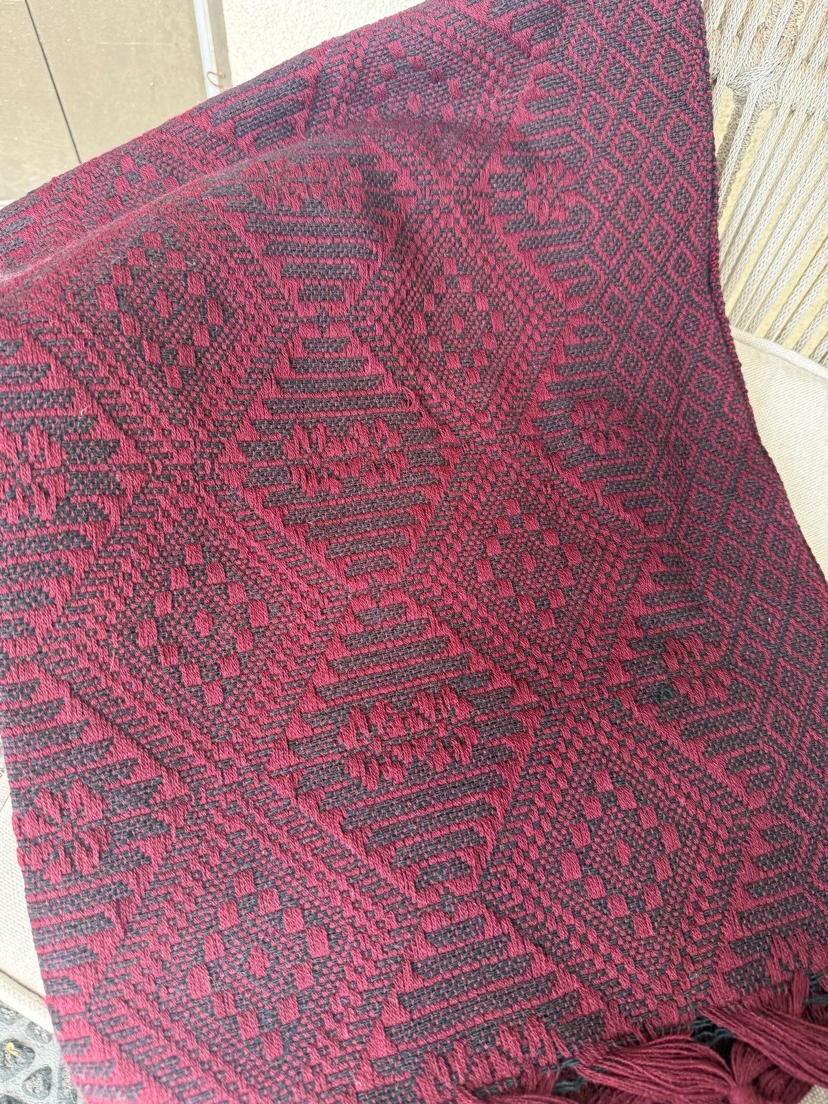 Mexican Rebozo – Burgundy | Wine | Maroon | Black Shawl from Puebla | 80×28 in | CasaArtMex
