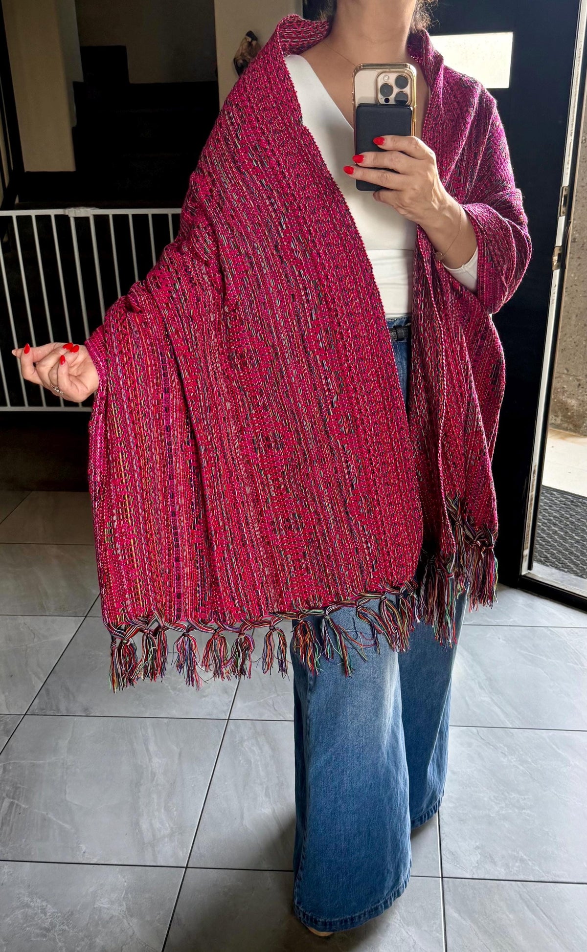 Mexican Rebozo – Magenta | Pink | Multicolor Shawl from Puebla | 80×28 in | CasaArtMex