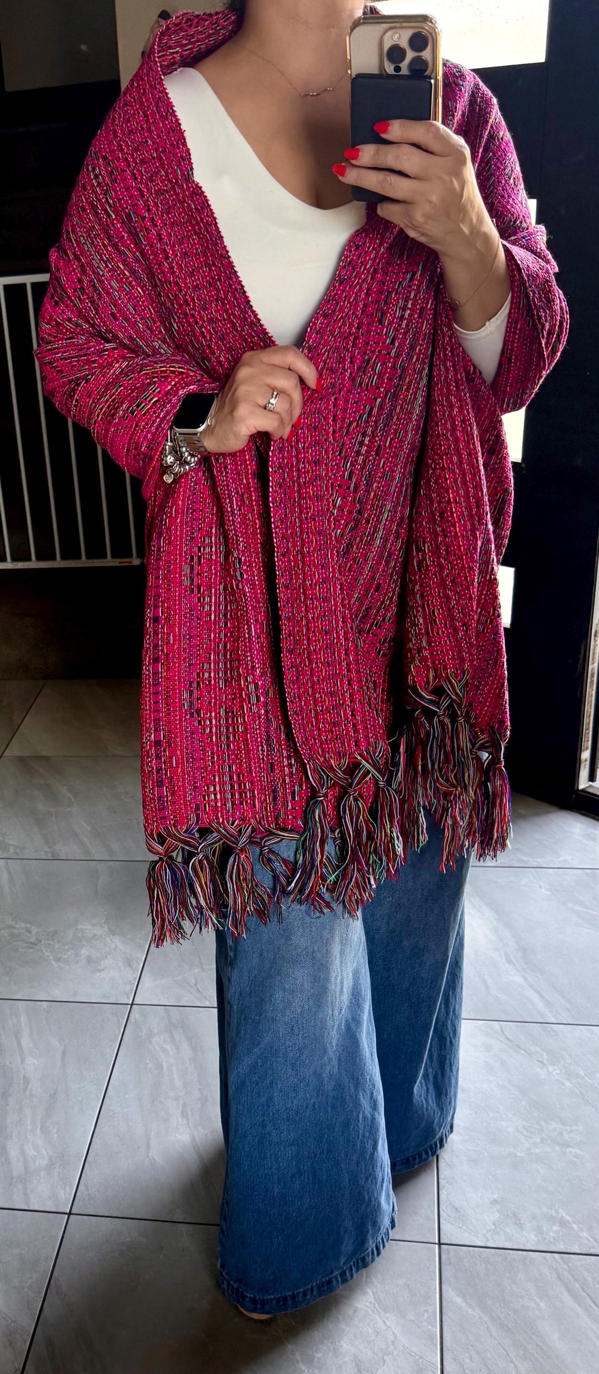 Mexican Rebozo – Magenta | Pink | Multicolor Shawl from Puebla | 80×28 in | CasaArtMex