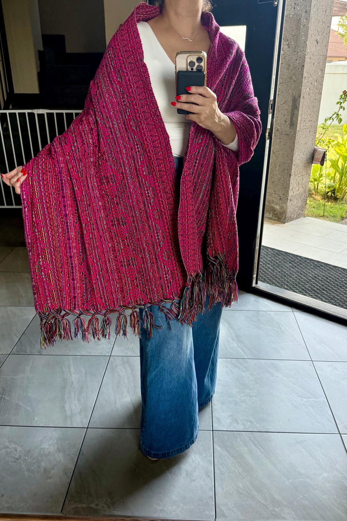 Mexican Rebozo – Magenta | Pink | Multicolor Shawl from Puebla | 80×28 in | CasaArtMex