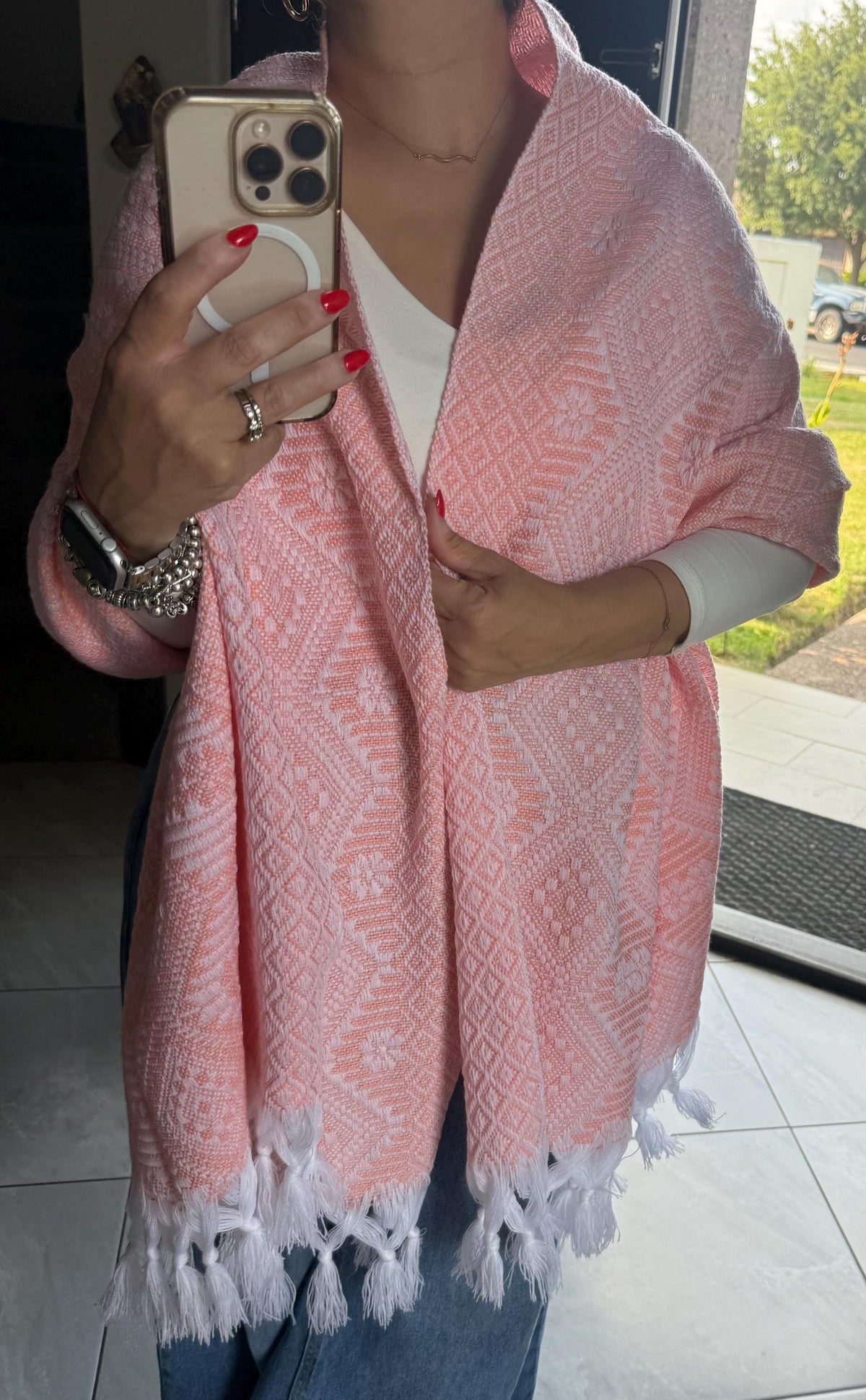 Mexican Rebozo – White | Peach Shawl from Puebla | 80×28 in | CasaArtMex