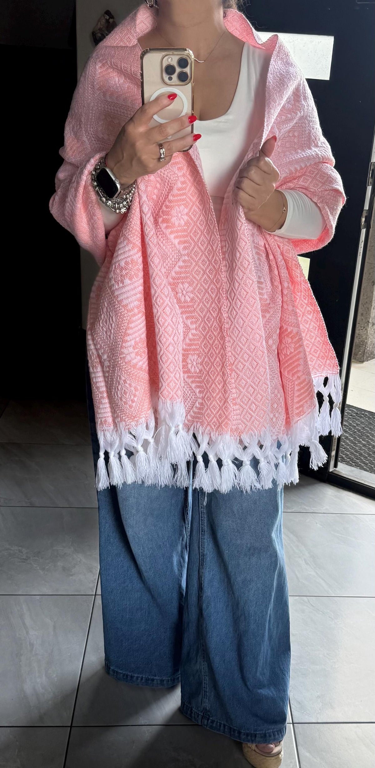 Mexican Rebozo – White | Peach Shawl from Puebla | 80×28 in | CasaArtMex
