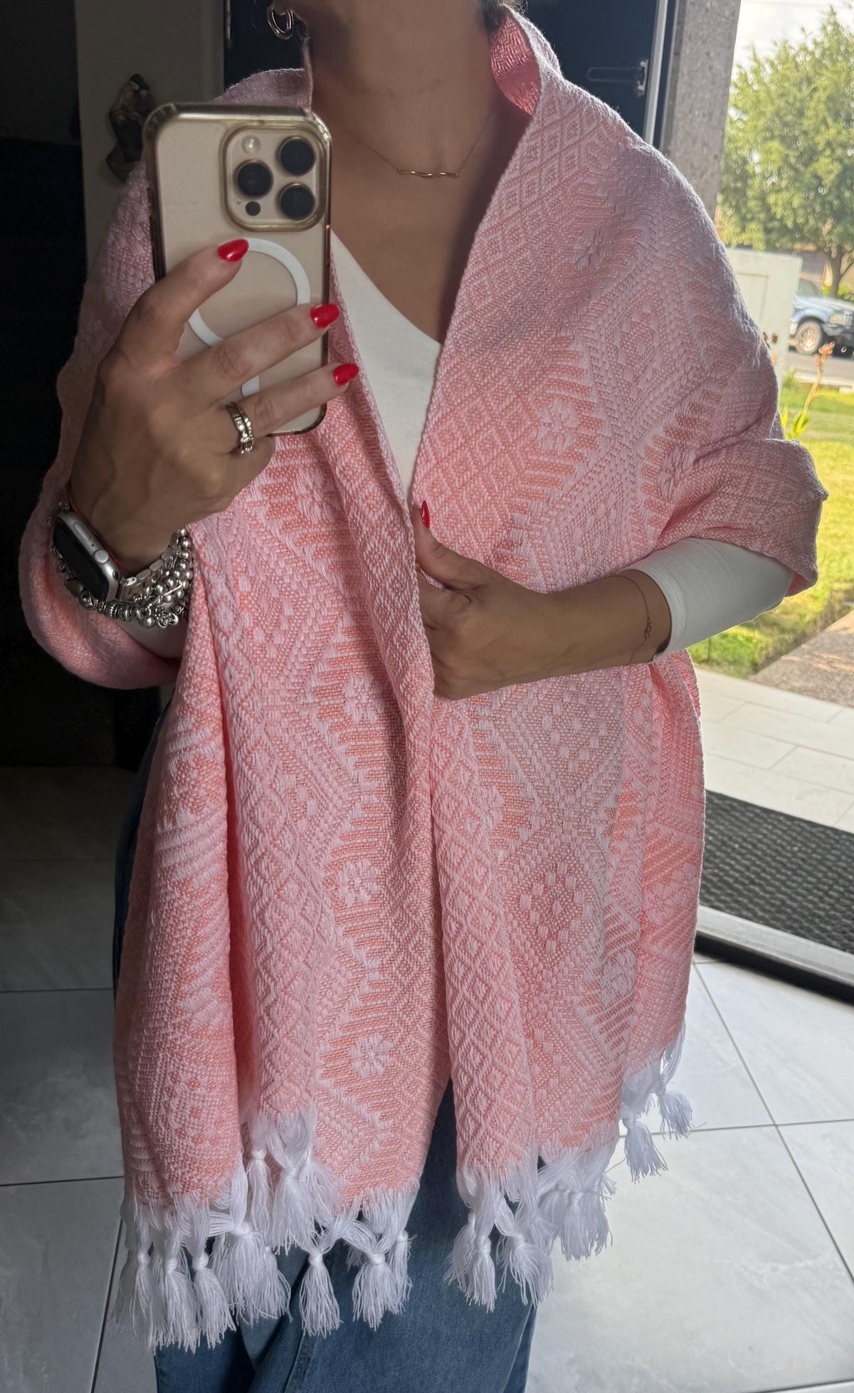 Mexican Rebozo – White | Peach Shawl from Puebla | 80×28 in | CasaArtMex